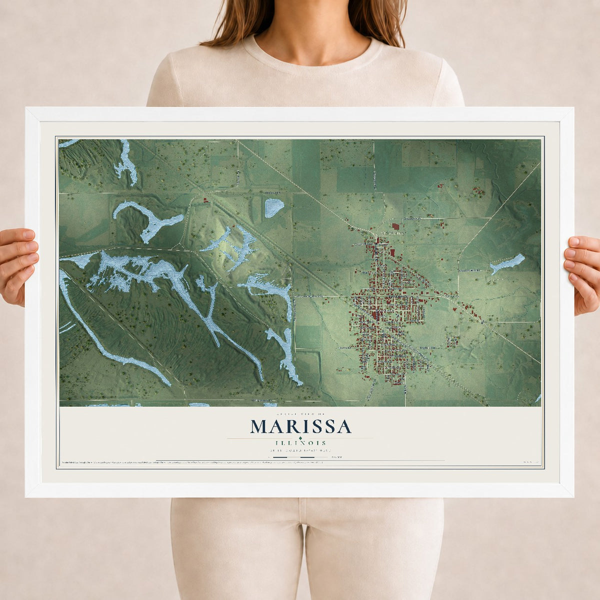 Map of Marissa, Illinois, 18 x 24 inch print in a white wood frame
