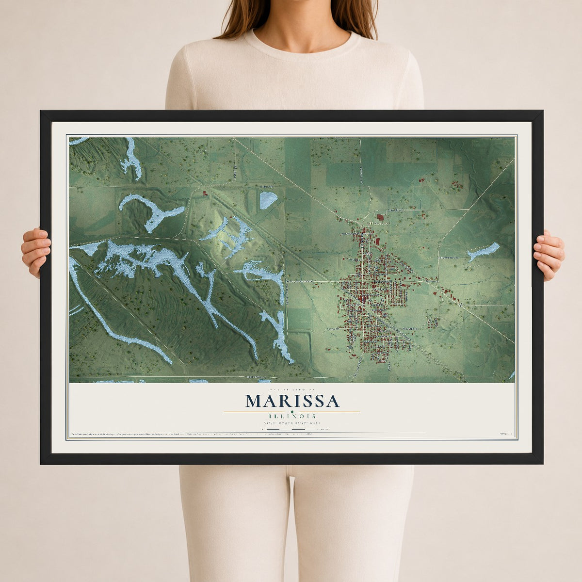 Map of Marissa, Illinois, 24 x 36 inch print in a black wood frame