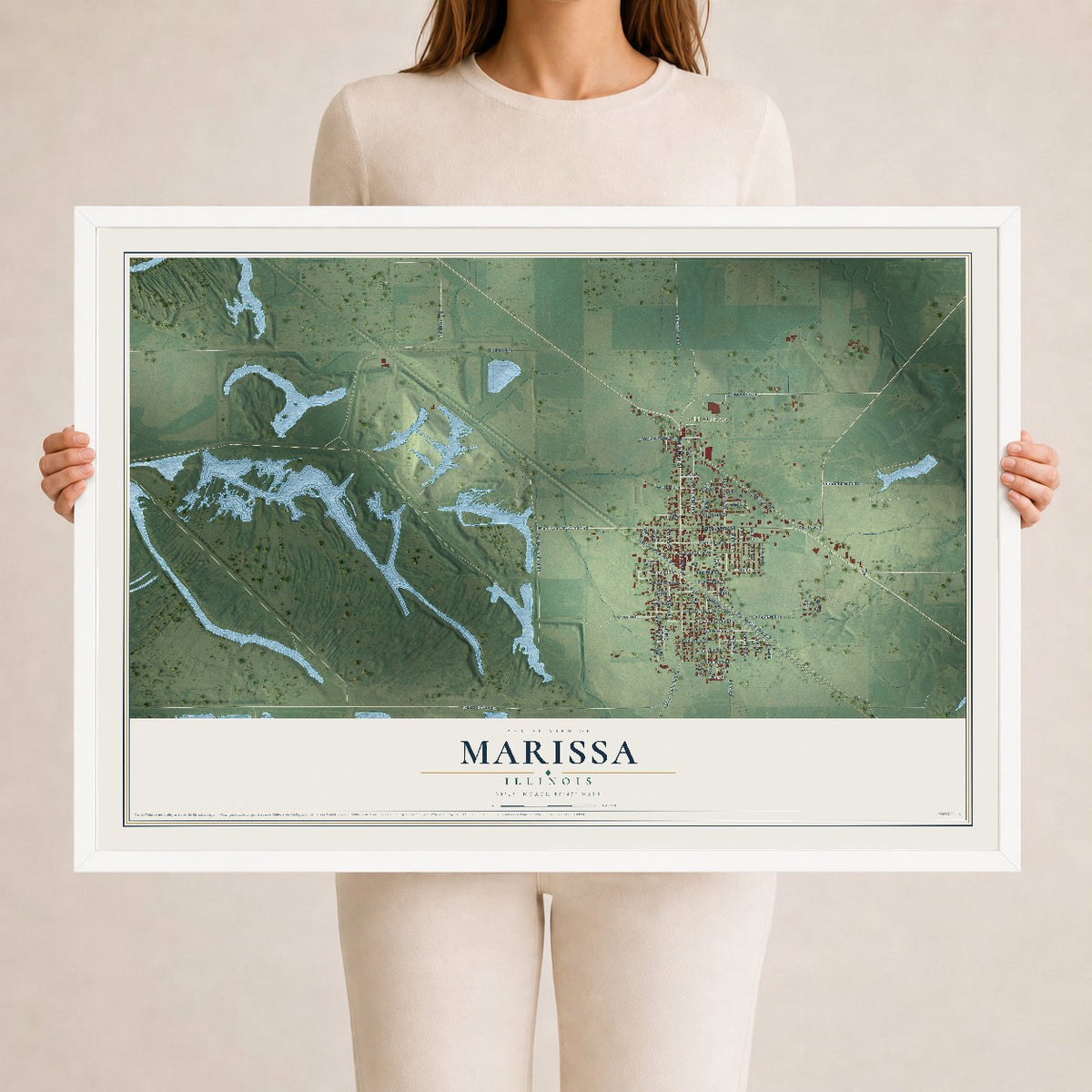 Map of Marissa, Illinois, 24 x 36 inch print in a white wood frame