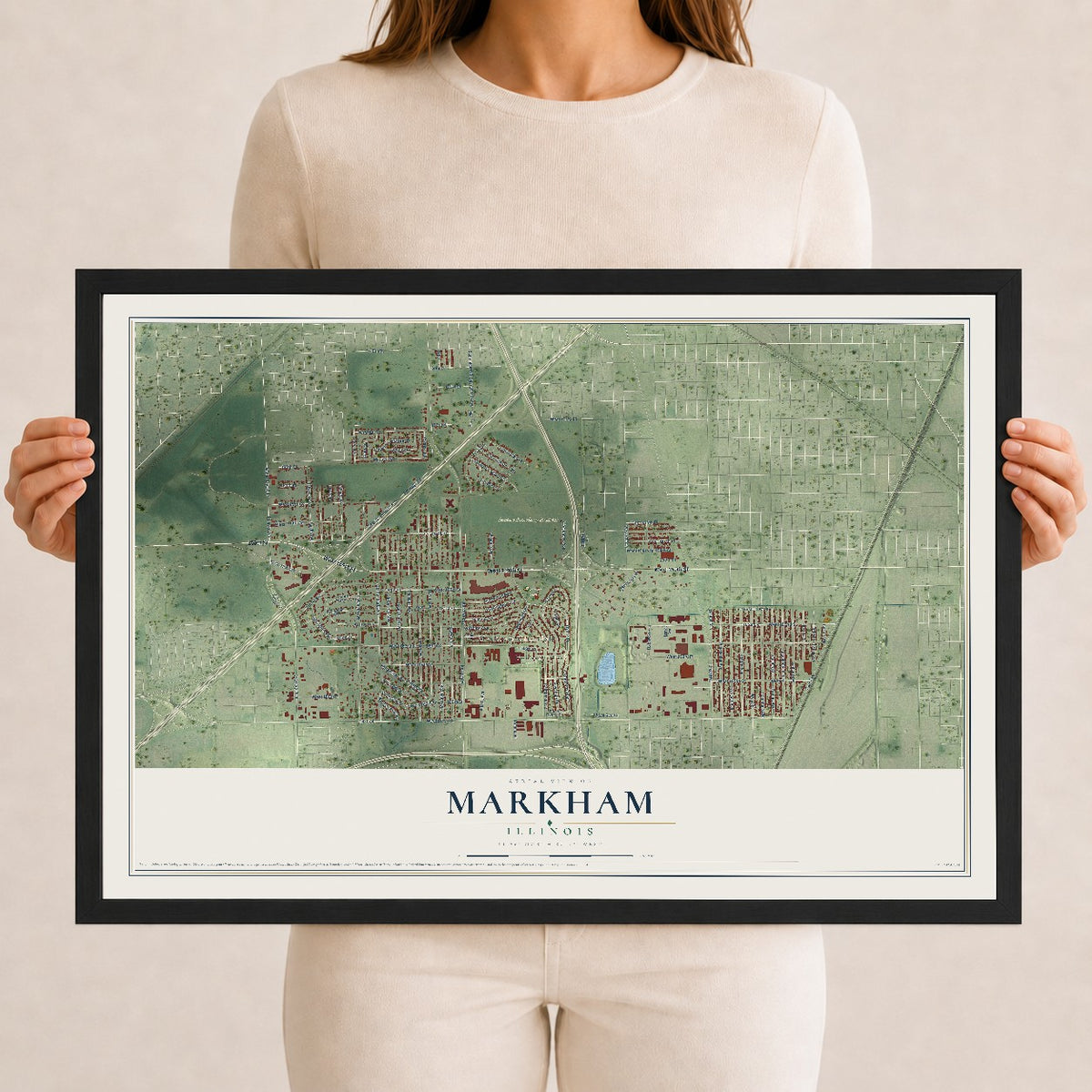 Map of Markham, Illinois, 12 x 18 inch print in a black wood frame