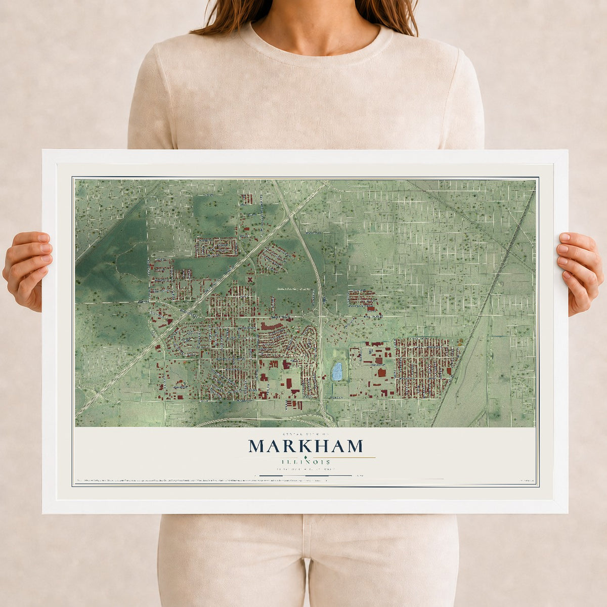 Map of Markham, Illinois, 12 x 18 inch print in a white wood frame