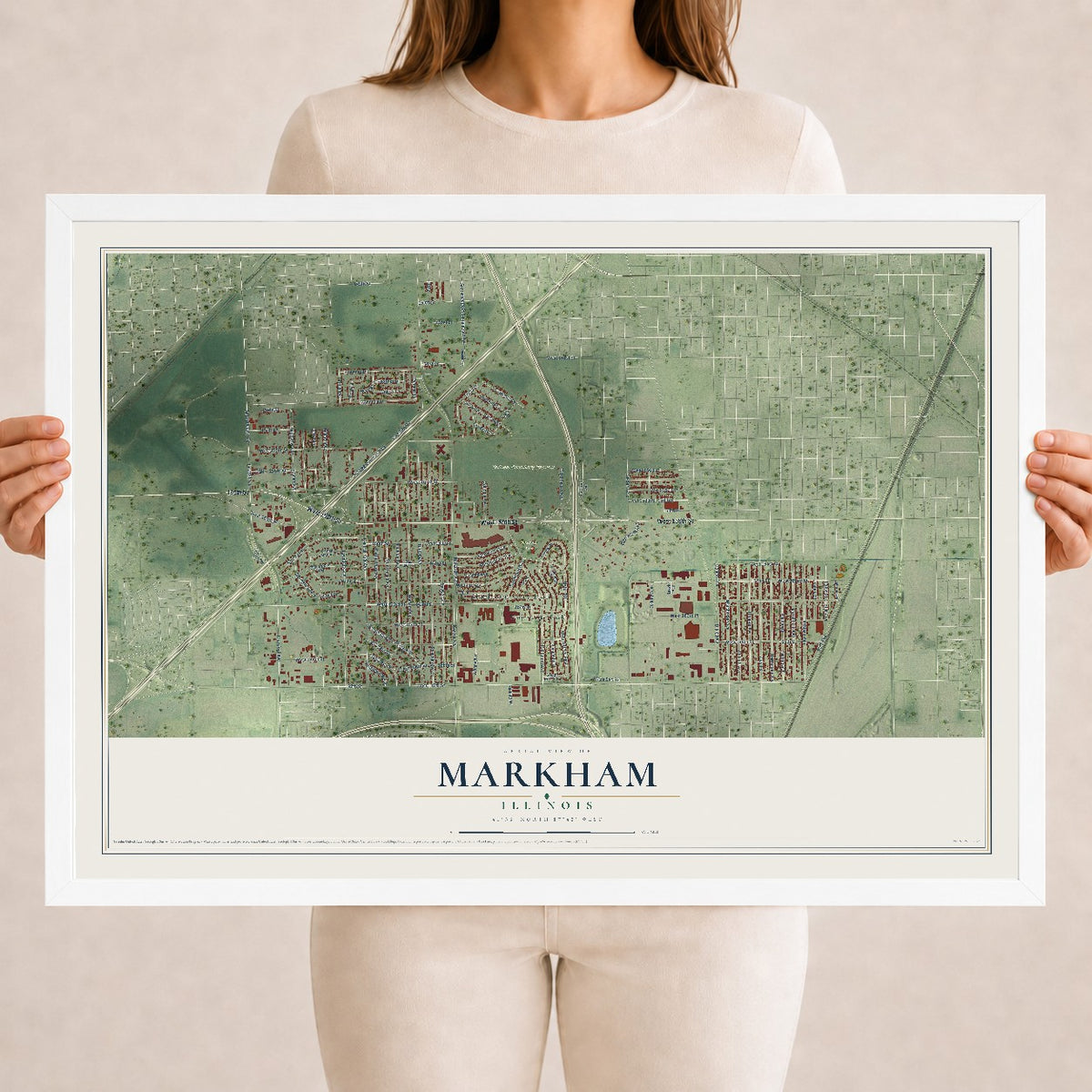 Map of Markham, Illinois, 18 x 24 inch print in a white wood frame
