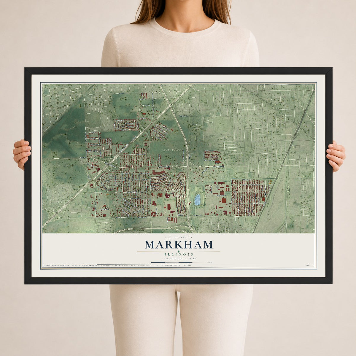 Map of Markham, Illinois, 24 x 36 inch print in a black wood frame