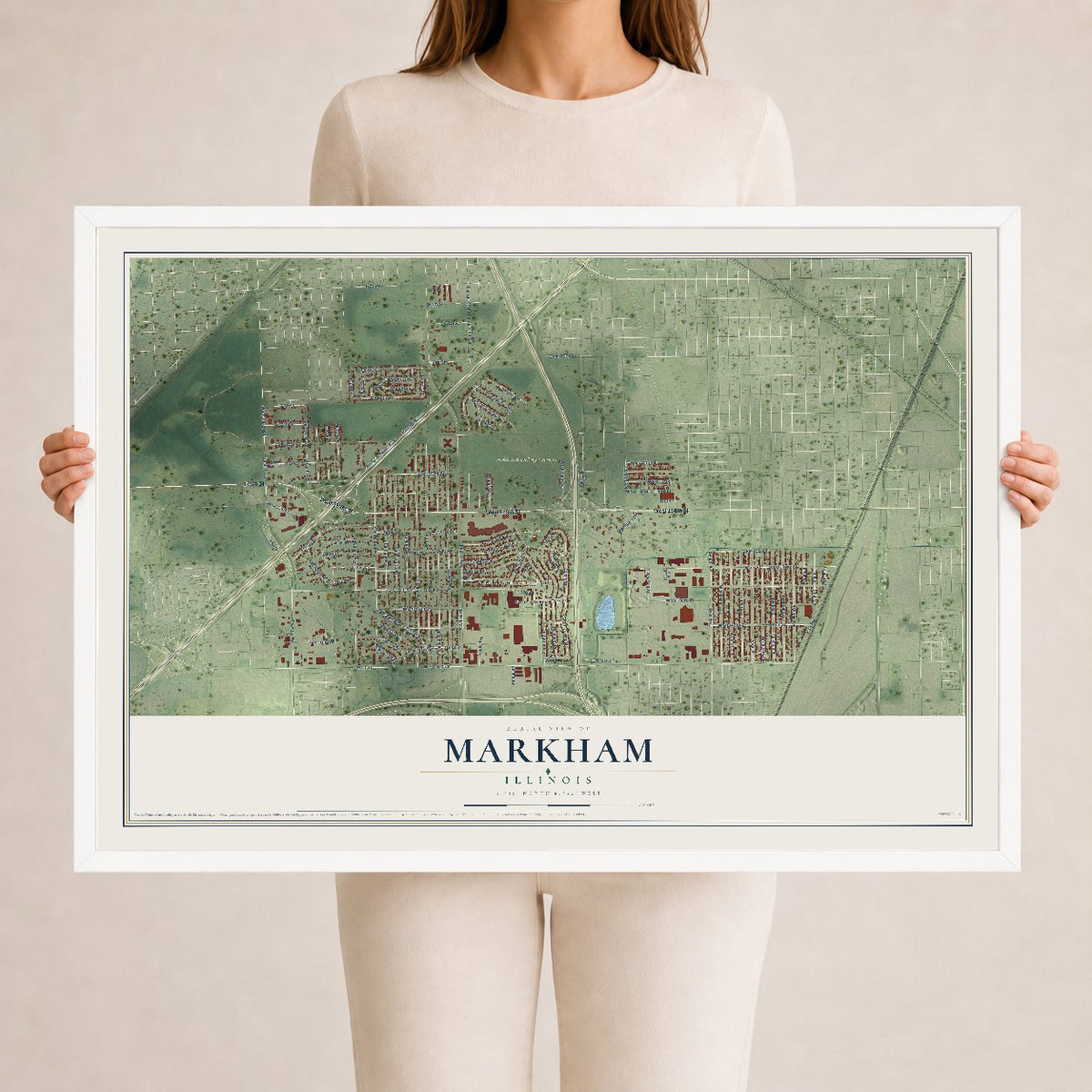 Map of Markham, Illinois, 24 x 36 inch print in a white wood frame