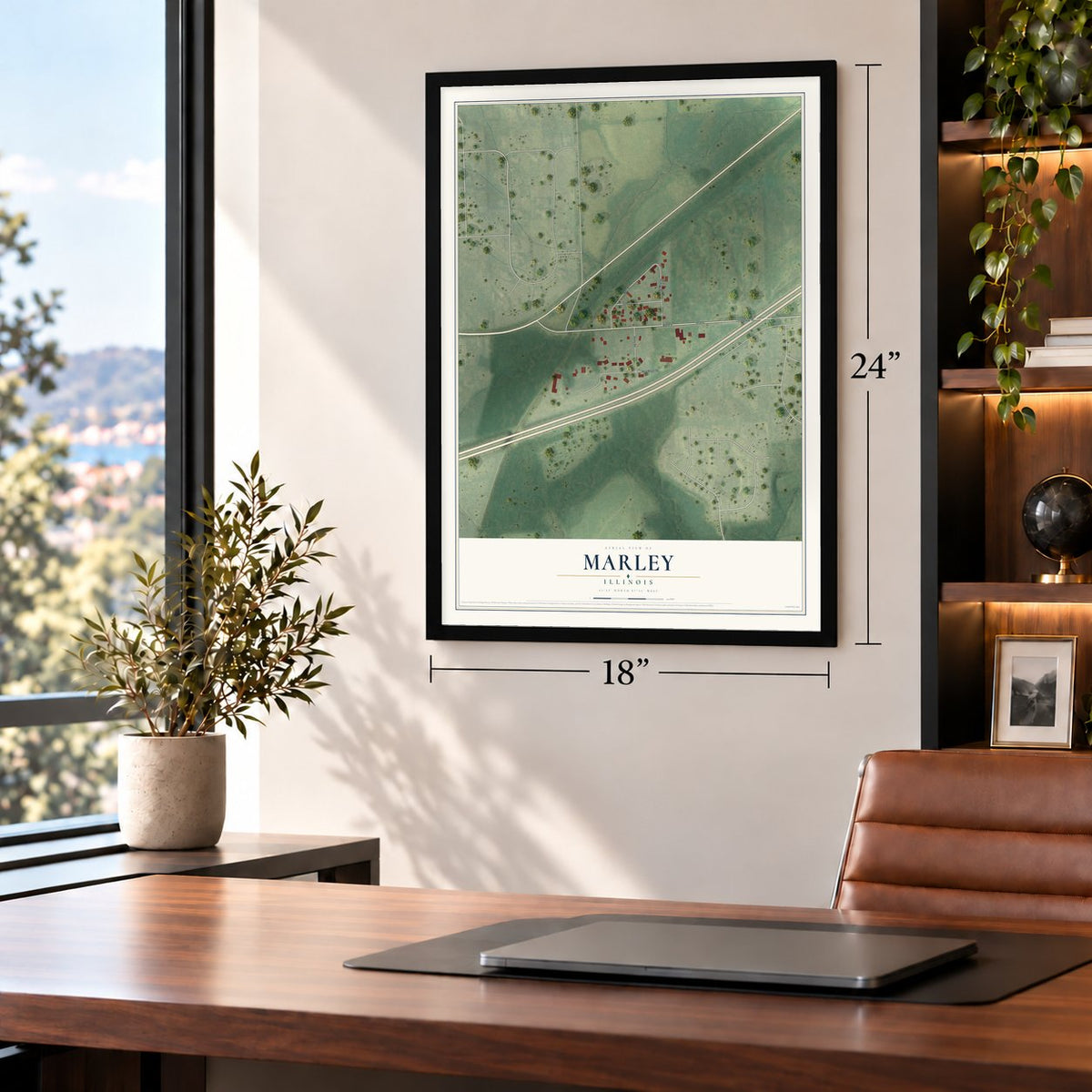 Marley, Illinois map, 18 x 24 inch print in a black frame in a home office