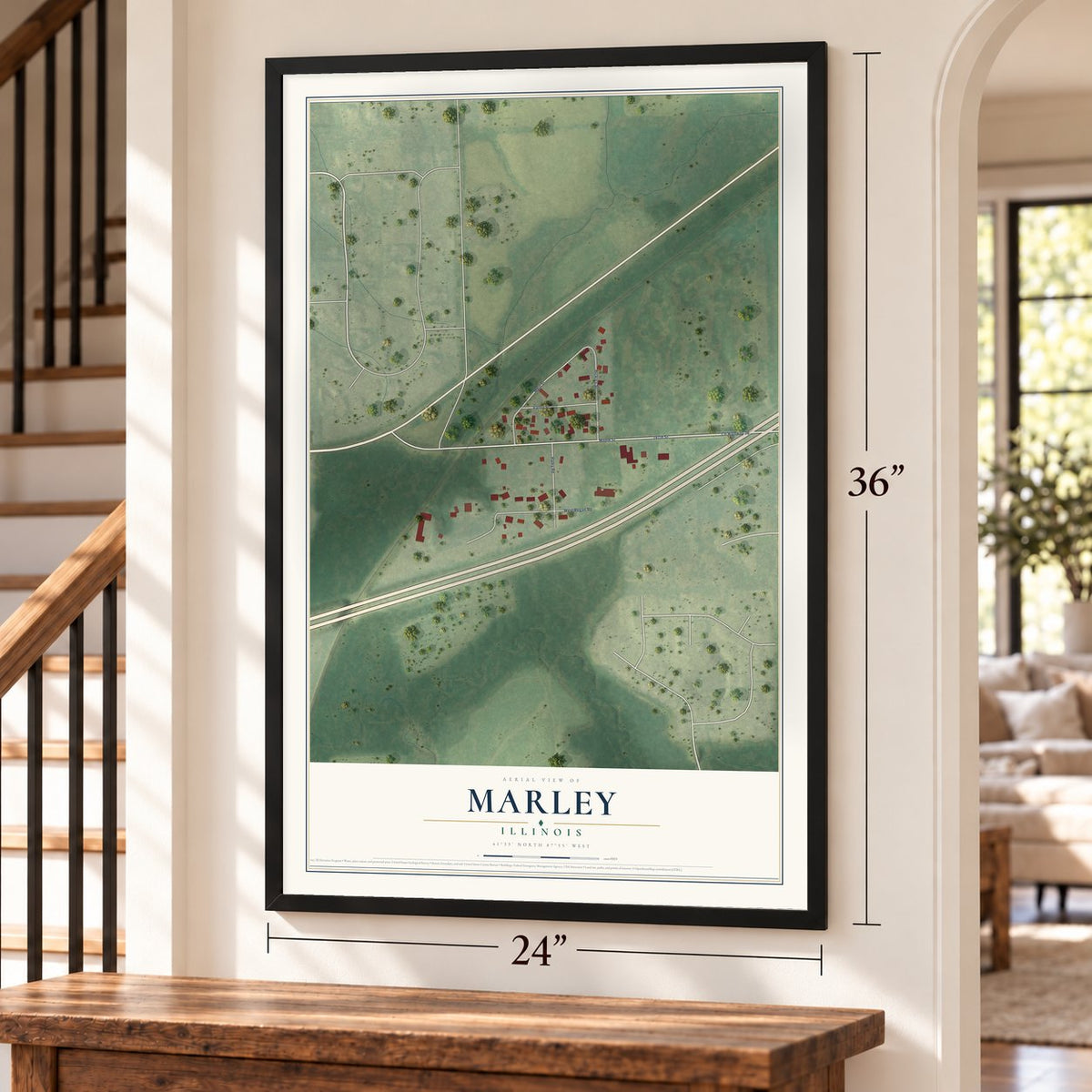 Marley, Illinois map, 24 x 36 inch print in a black frame by a staircase