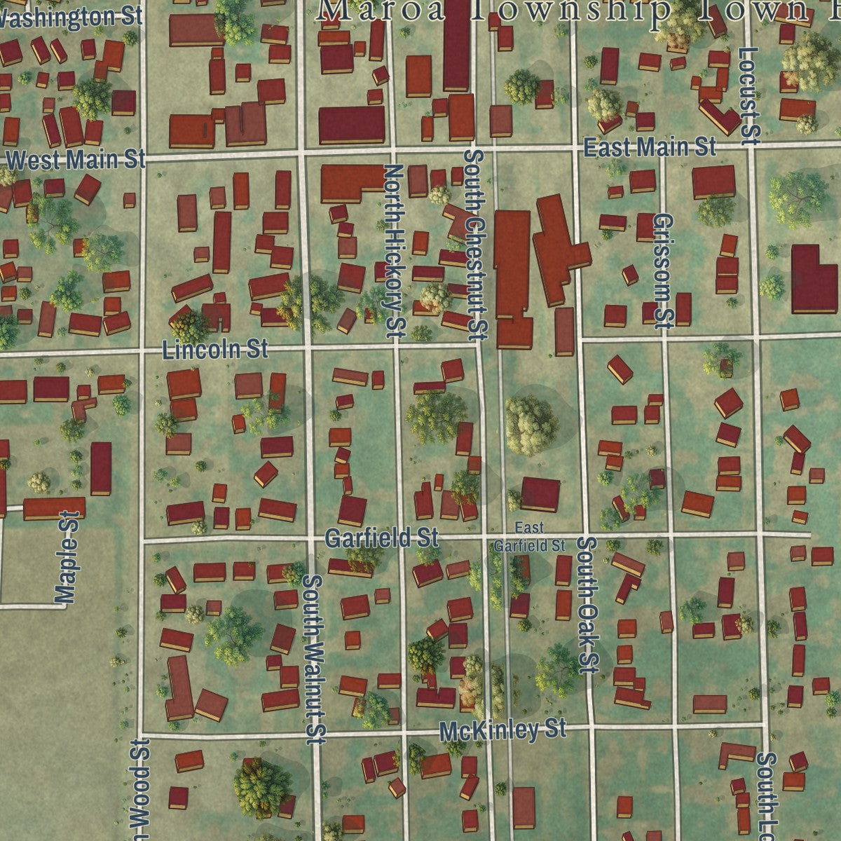 Close-up of the map of Maroa, Illinois print showing street and building detail