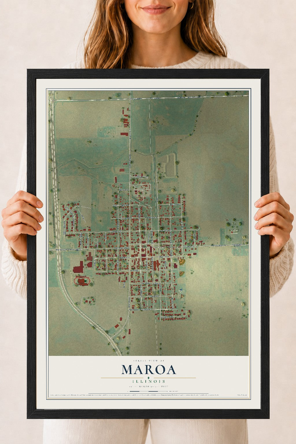 Map of Maroa, Illinois, 18 x 24 inch print in a black wood frame