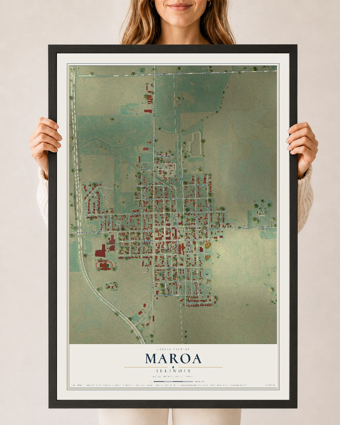 Map of Maroa, Illinois, 24 x 36 inch print in a black wood frame