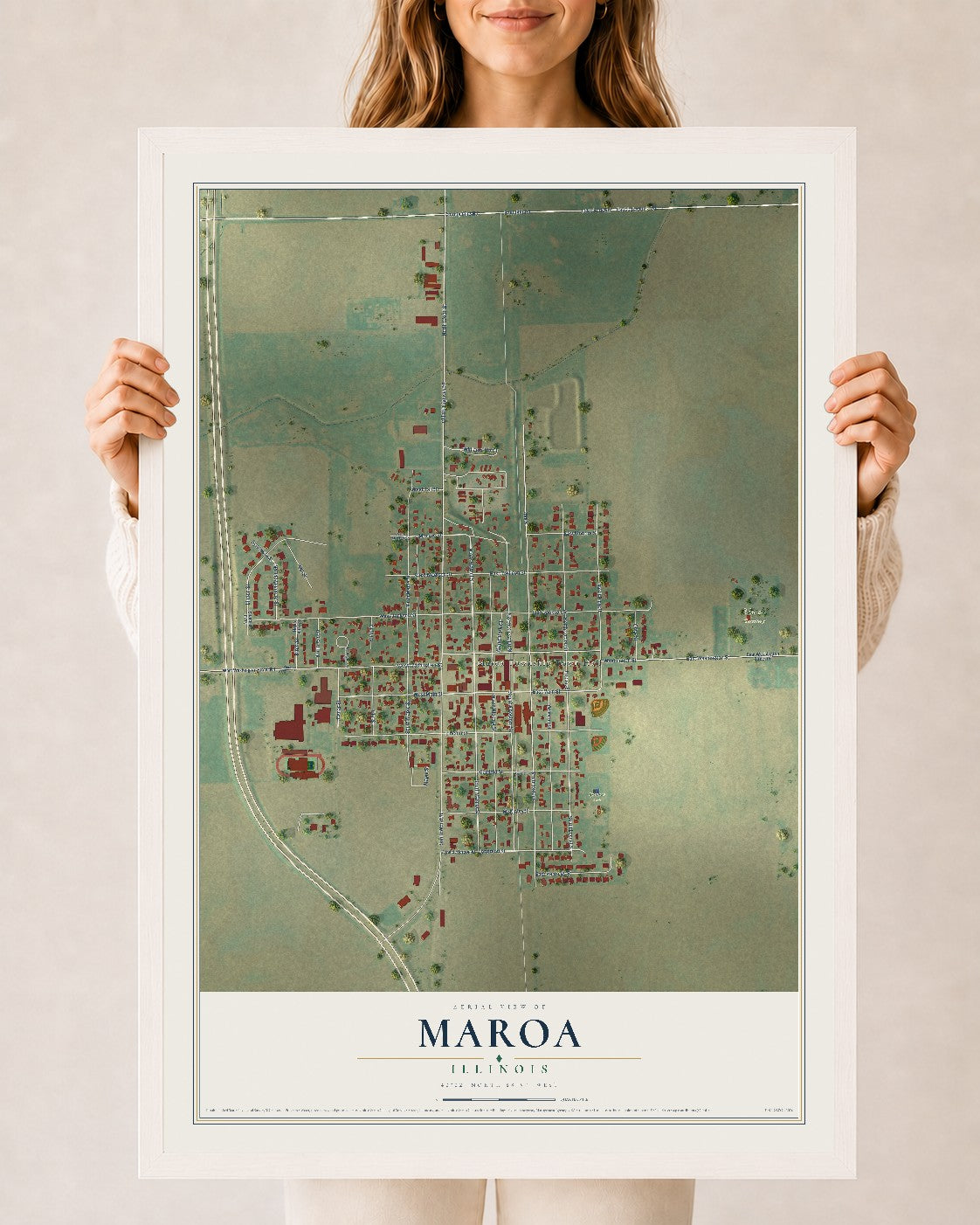 Map of Maroa, Illinois, 24 x 36 inch print in a white wood frame