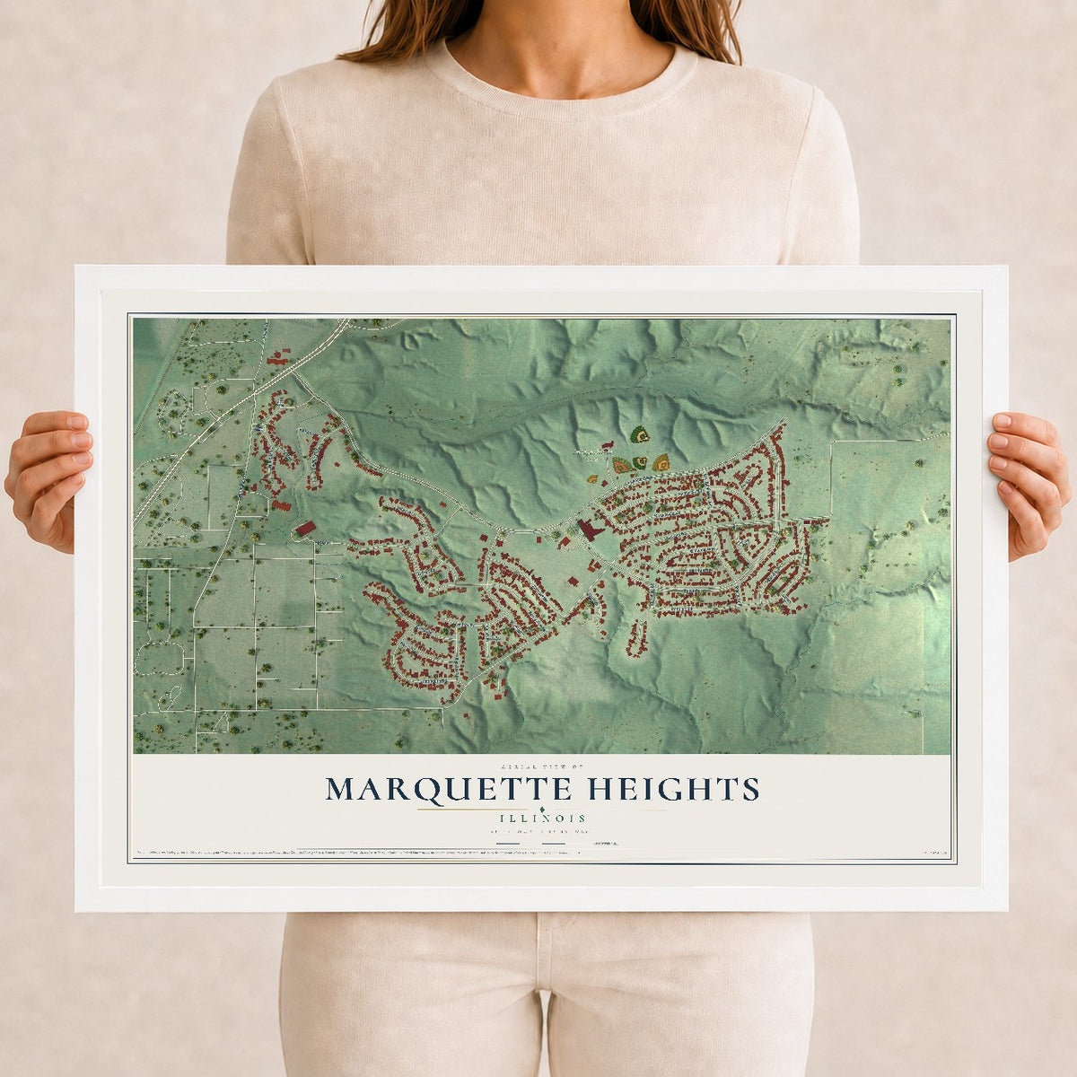 Map of Marquette Heights, Illinois, 12 x 18 inch print in a white wood frame