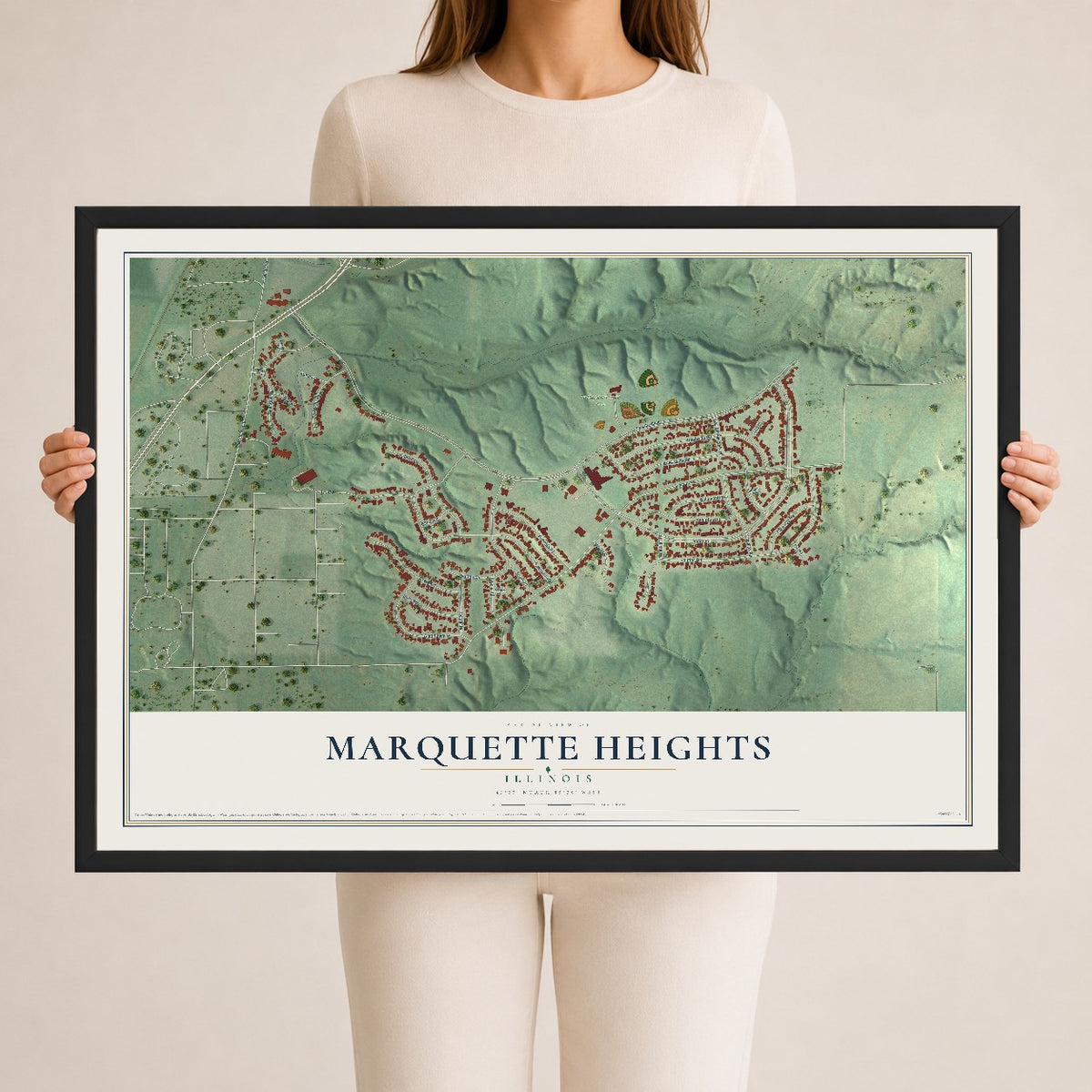 Map of Marquette Heights, Illinois, 24 x 36 inch print in a black wood frame