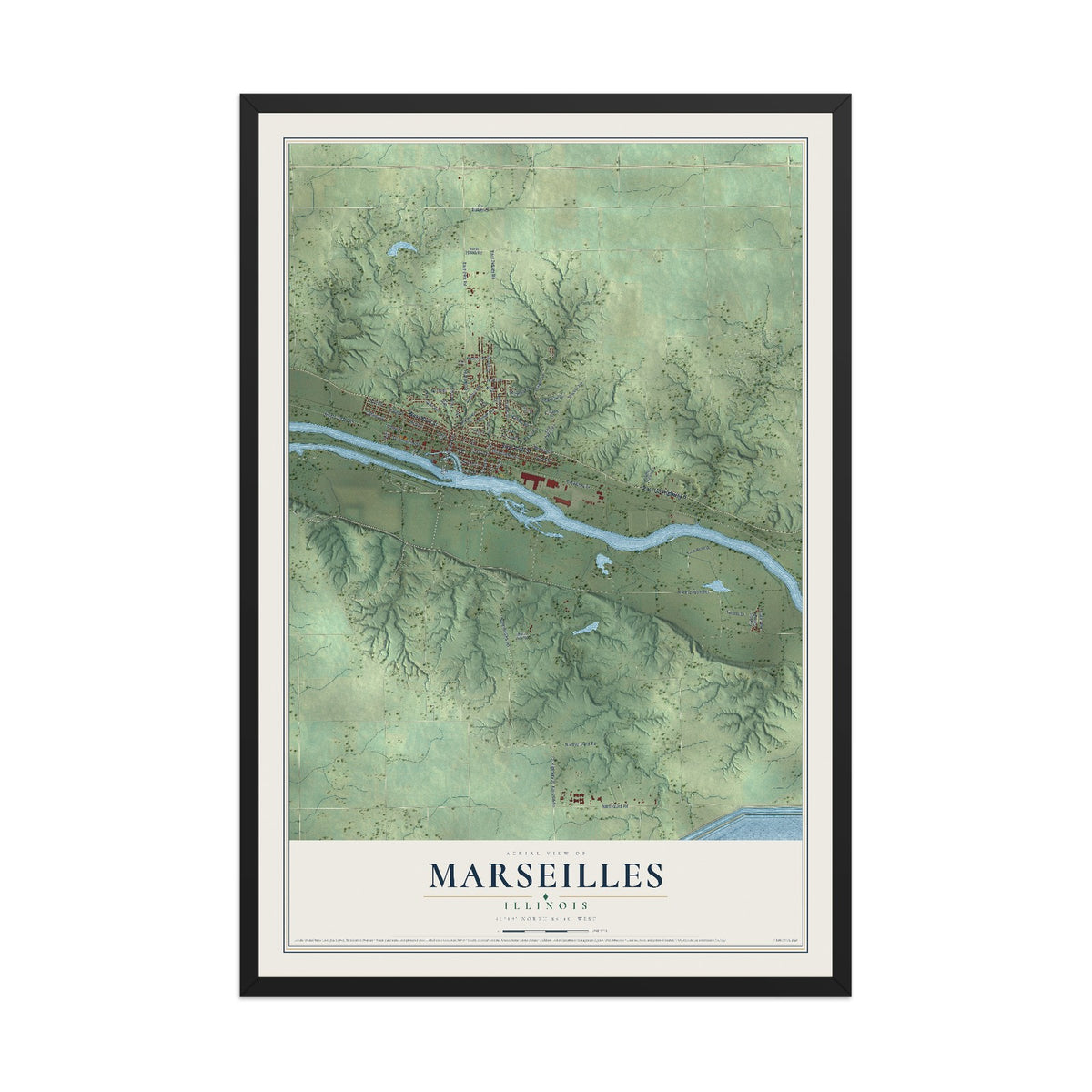Map of Marseilles, Illinois, 12 x 18 inch print in a black wood frame
