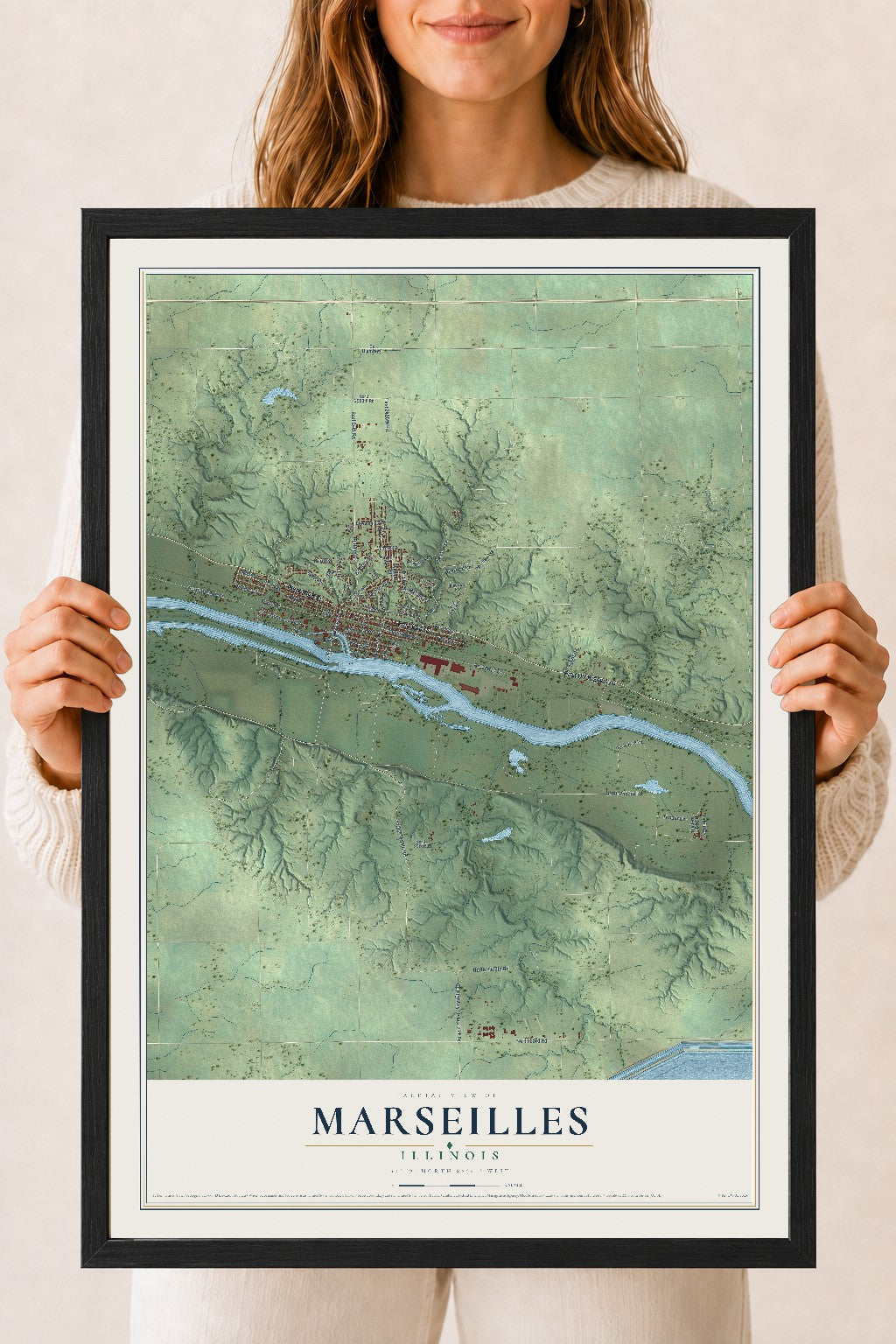 Map of Marseilles, Illinois, 18 x 24 inch print in a black wood frame