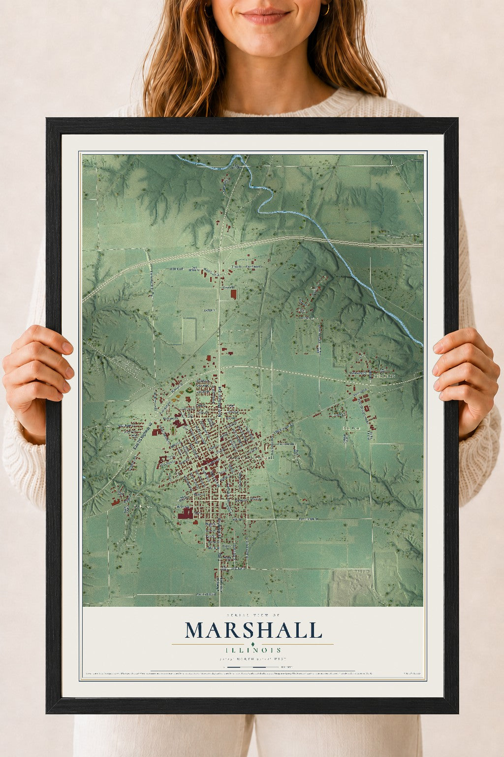 Map of Marshall, Illinois, 18 x 24 inch print in a black wood frame