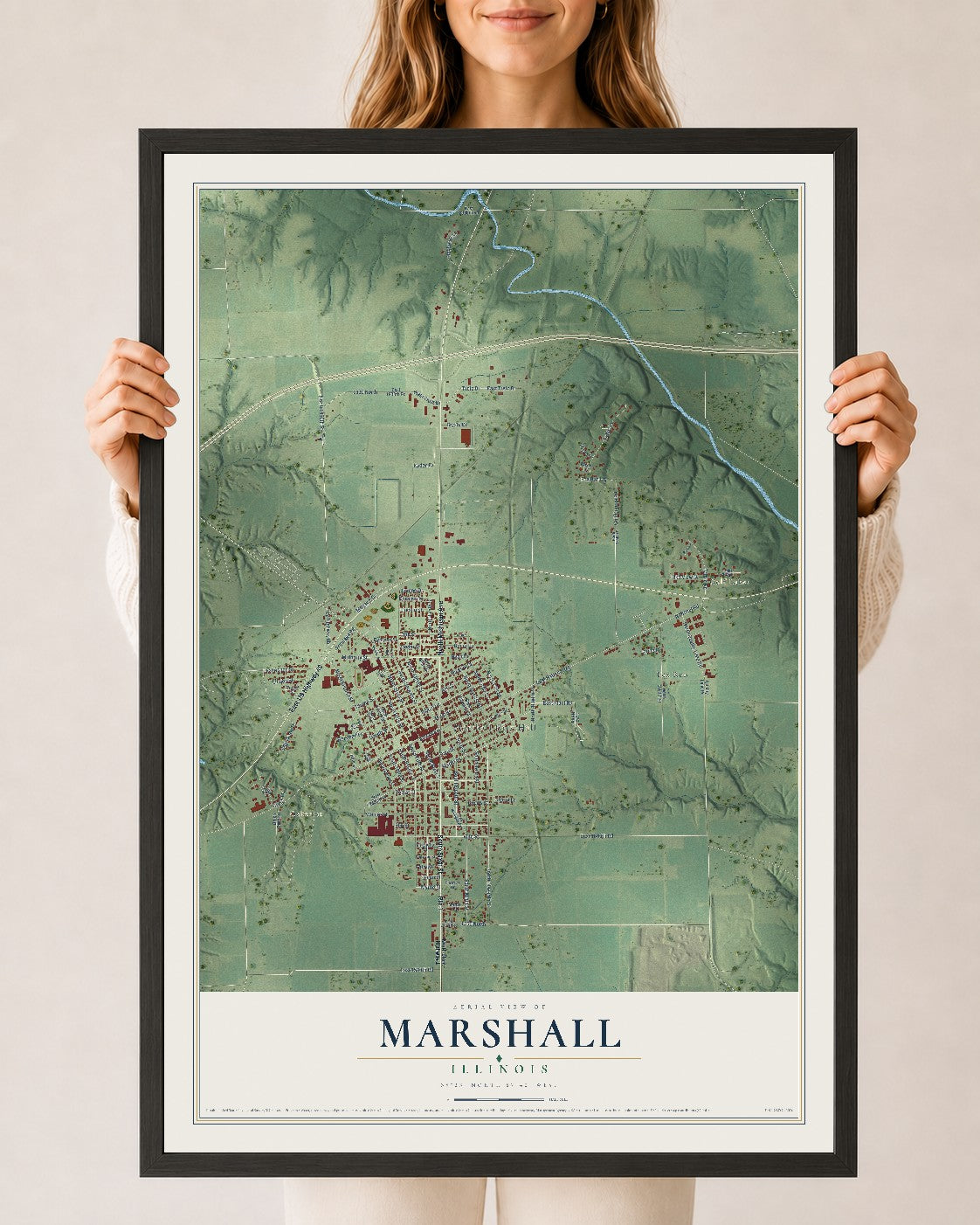 Map of Marshall, Illinois, 24 x 36 inch print in a black wood frame