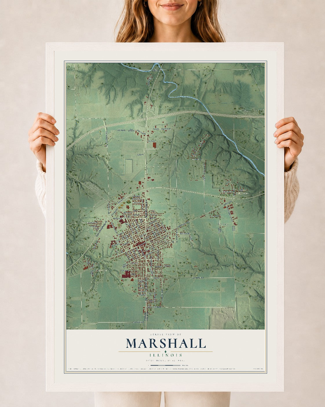 Map of Marshall, Illinois, 24 x 36 inch print in a white wood frame