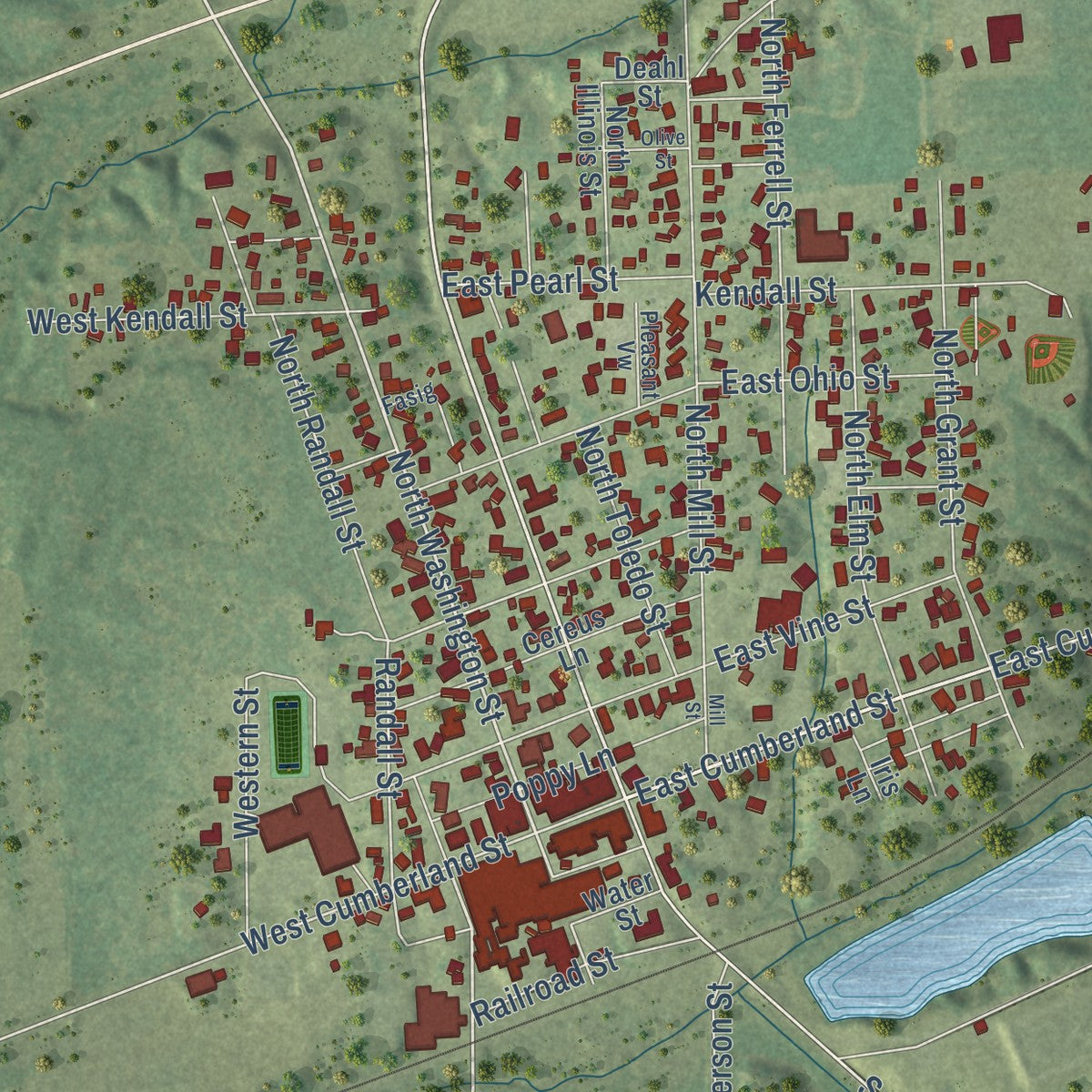 Close-up of the map of Martinsville, Illinois print showing street and building detail