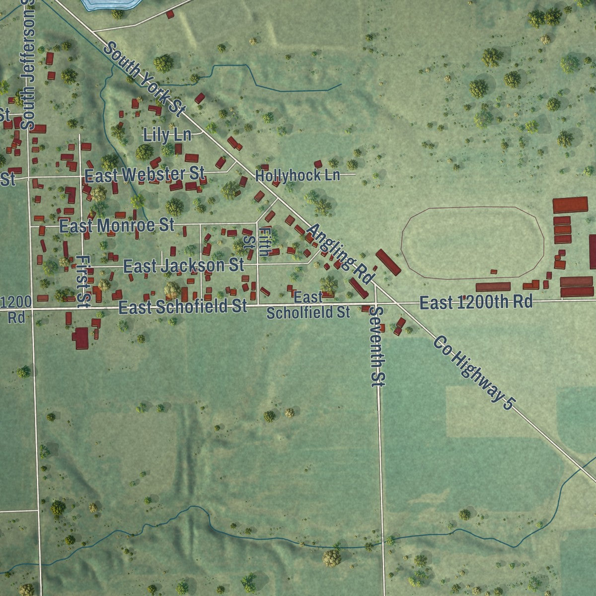 Second close-up of the map of Martinsville, Illinois print showing more streets and buildings