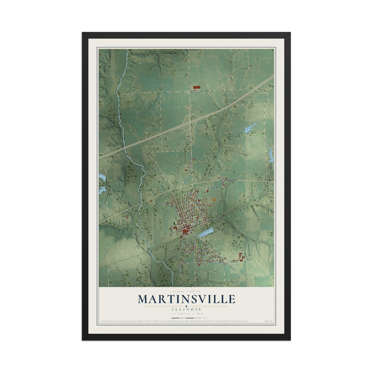 Map of Martinsville, Illinois, 12 x 18 inch print in a black wood frame