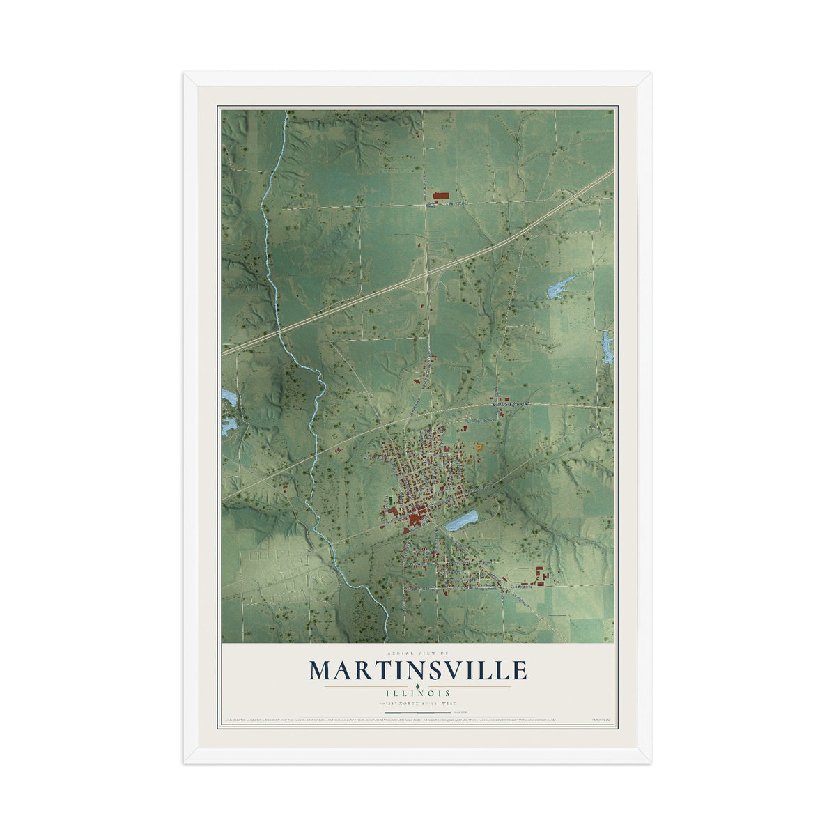 Map of Martinsville, Illinois, 12 x 18 inch print in a white wood frame