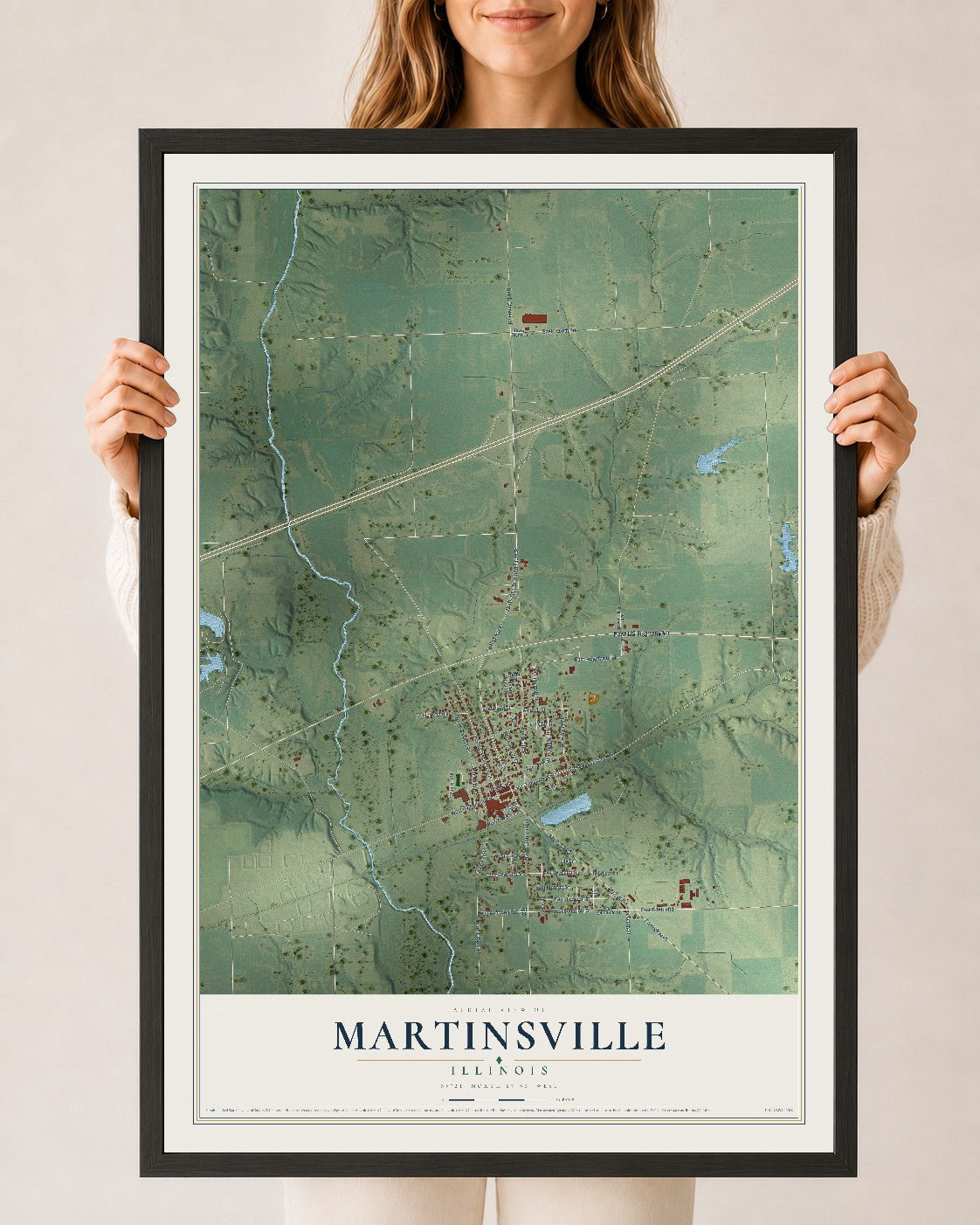 Map of Martinsville, Illinois, 24 x 36 inch print in a black wood frame