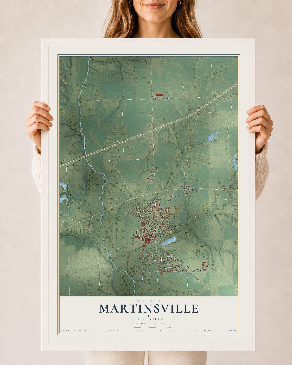 Map of Martinsville, Illinois, 24 x 36 inch print in a white wood frame