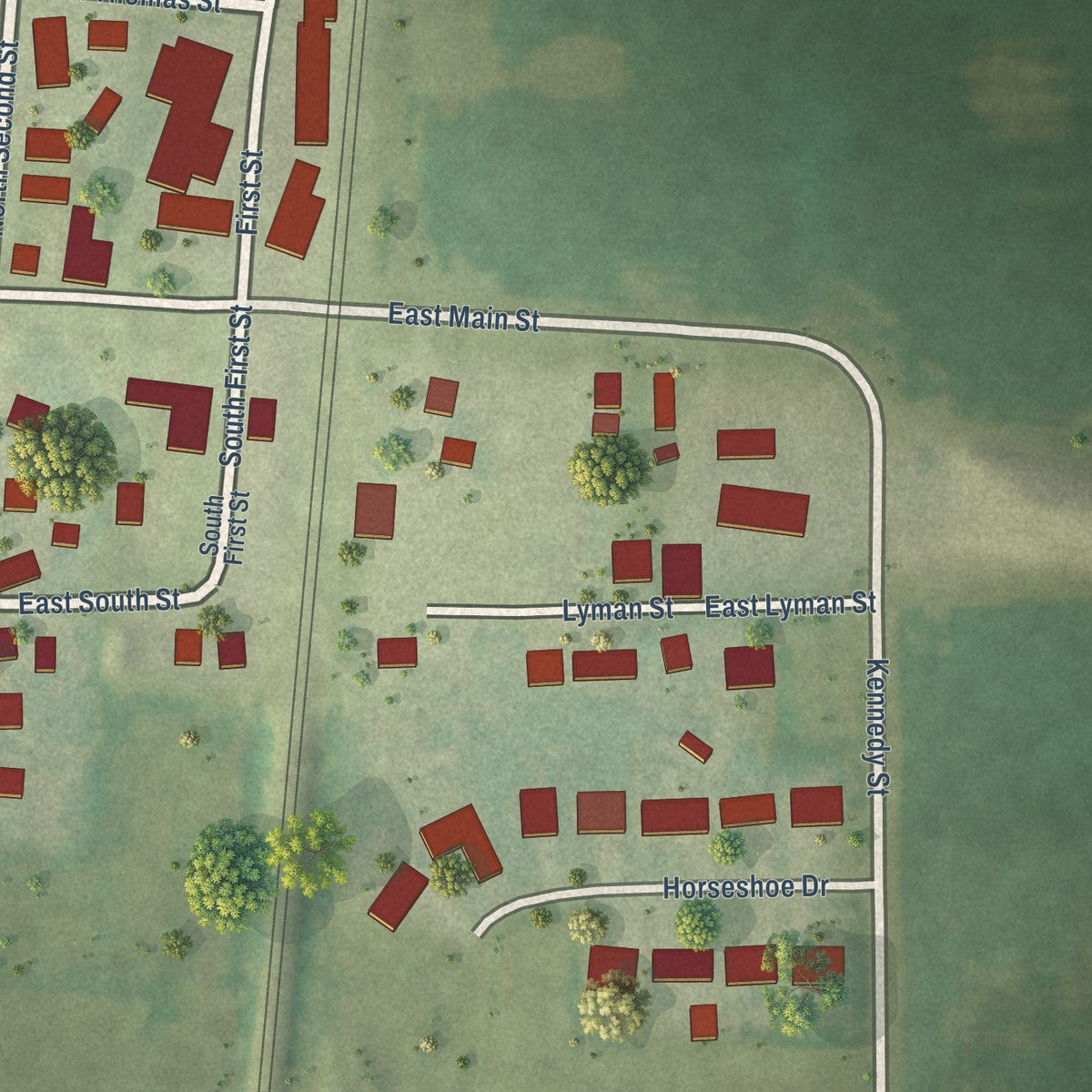 Second close-up of the map of Martinton, Illinois print showing more streets and buildings