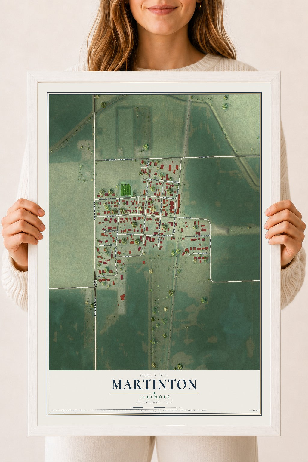 Map of Martinton, Illinois, 18 x 24 inch print in a white wood frame