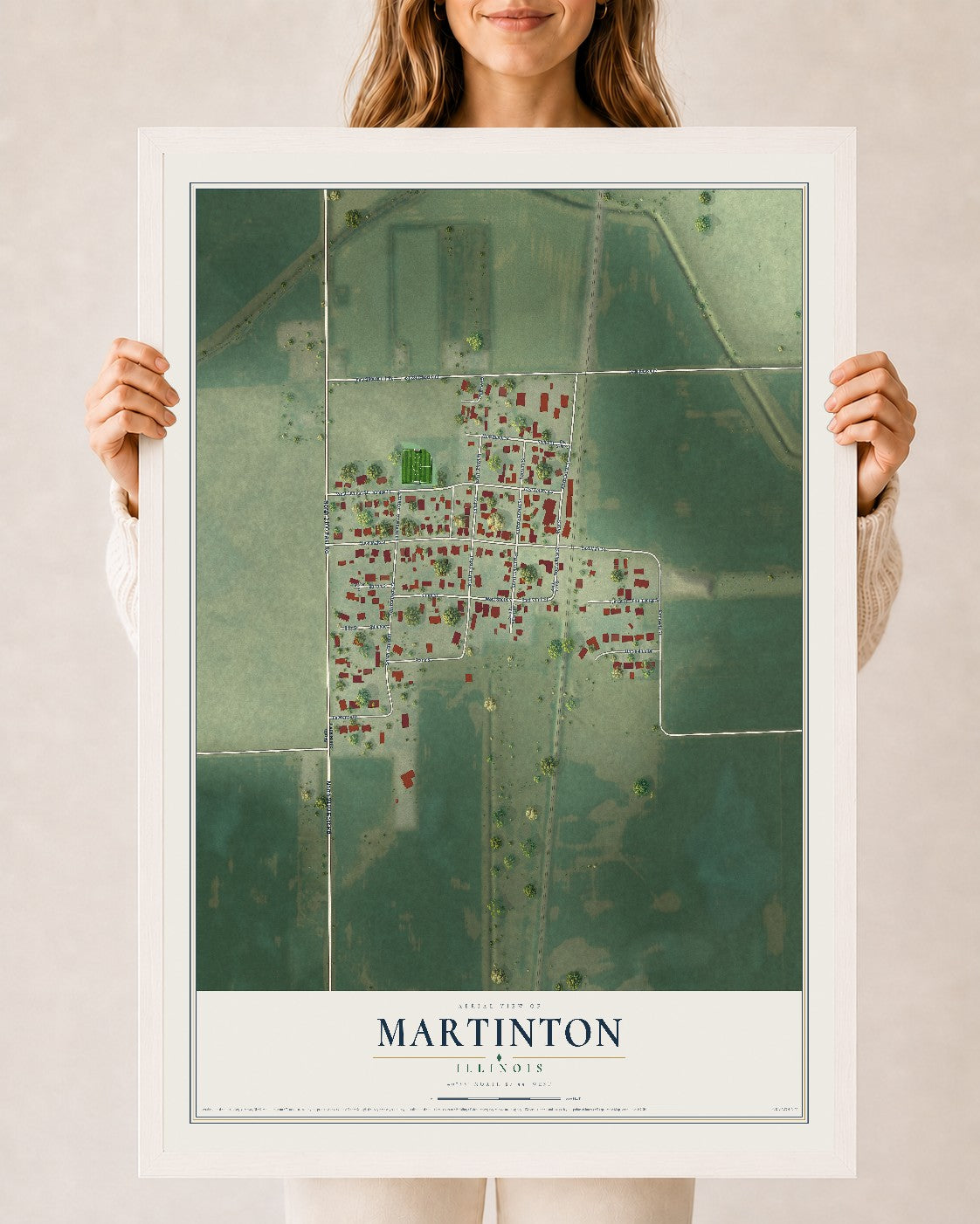 Map of Martinton, Illinois, 24 x 36 inch print in a white wood frame