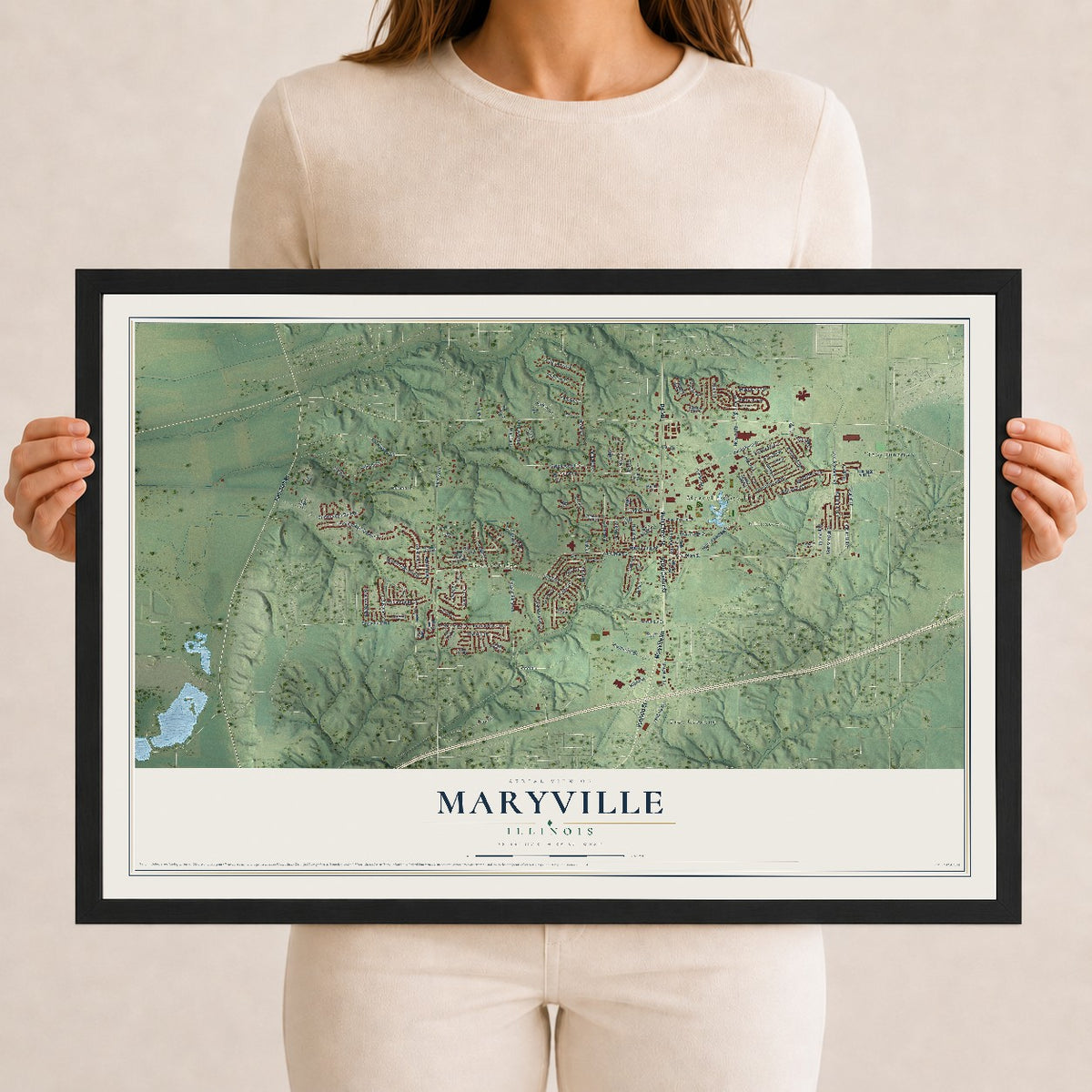 Map of Maryville, Illinois, 12 x 18 inch print in a black wood frame