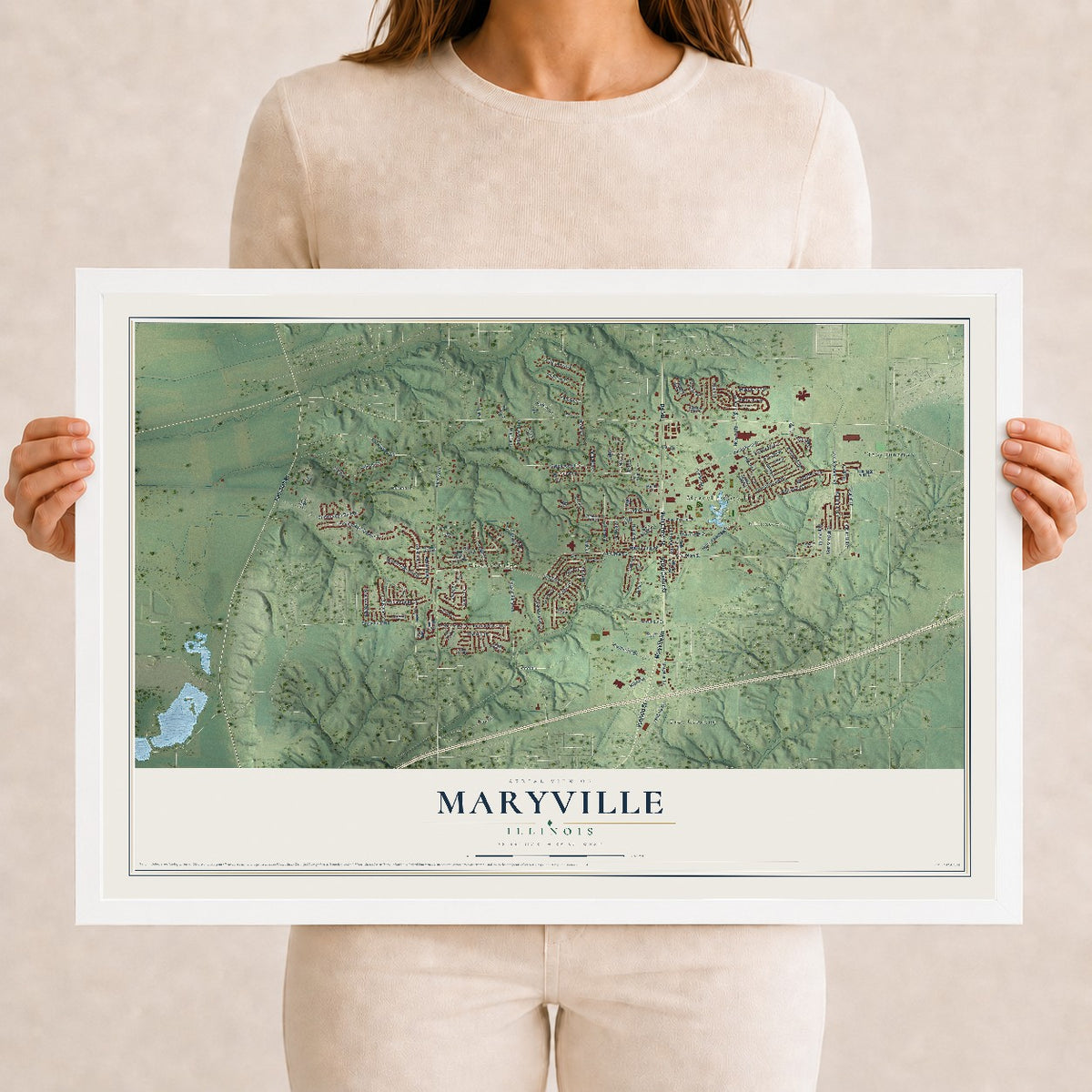 Map of Maryville, Illinois, 12 x 18 inch print in a white wood frame