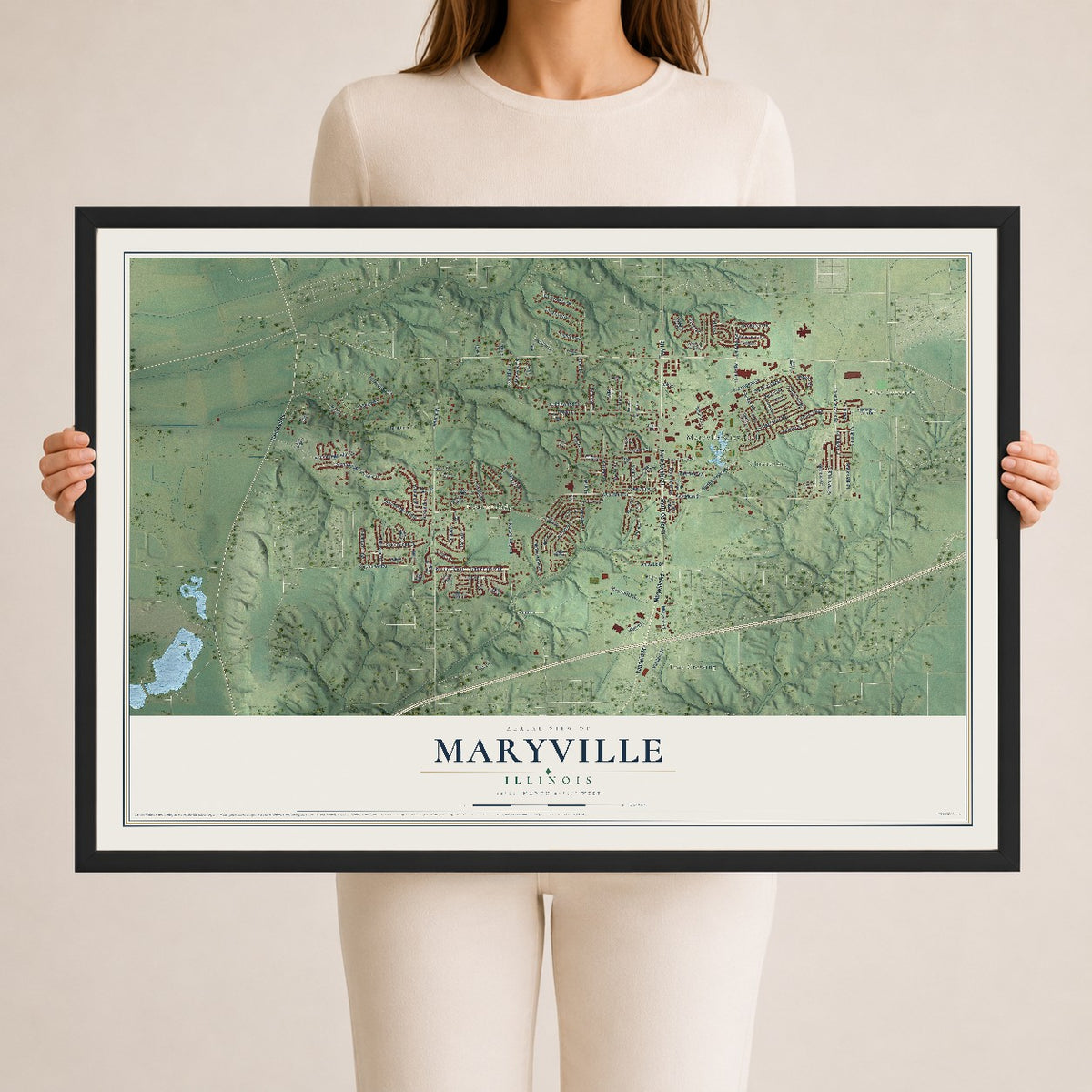 Map of Maryville, Illinois, 24 x 36 inch print in a black wood frame