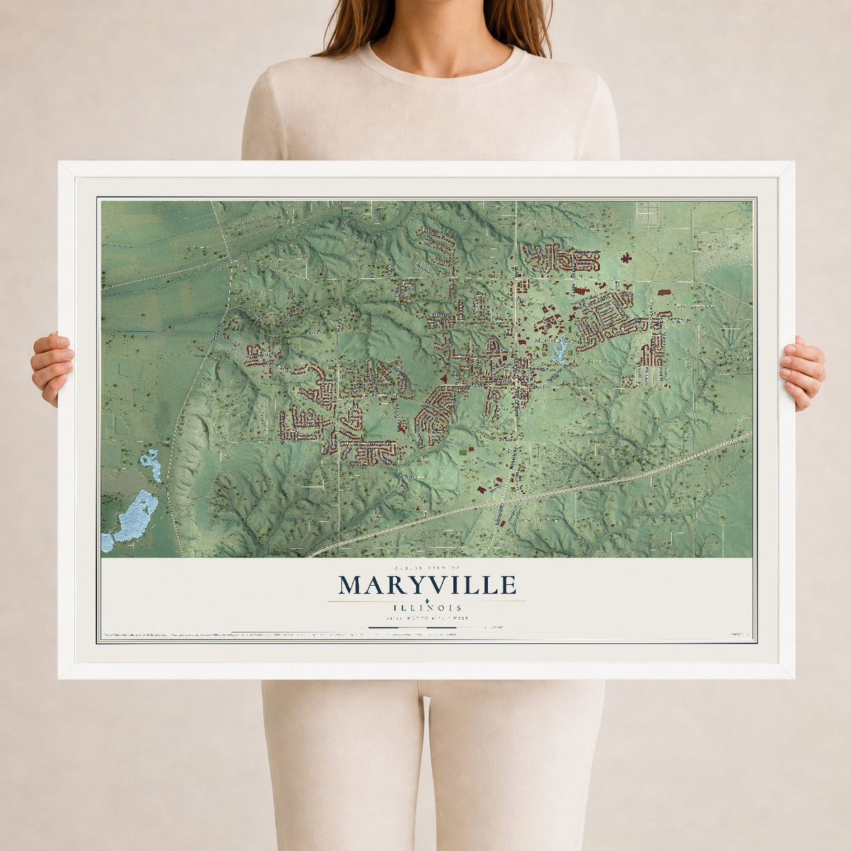 Map of Maryville, Illinois, 24 x 36 inch print in a white wood frame