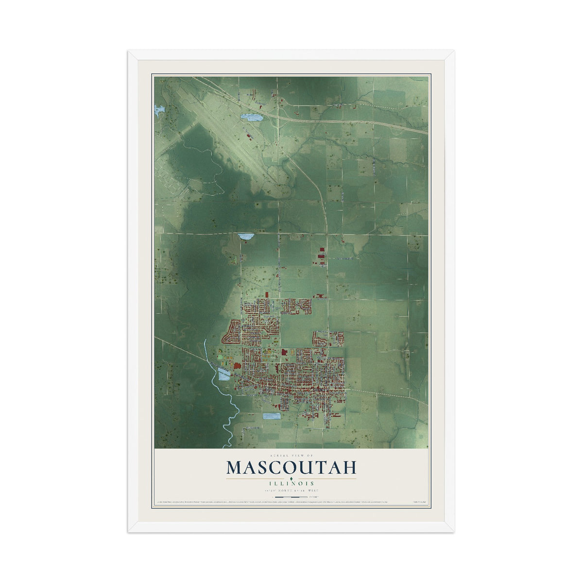 Map of Mascoutah, Illinois, 12 x 18 inch print in a white wood frame