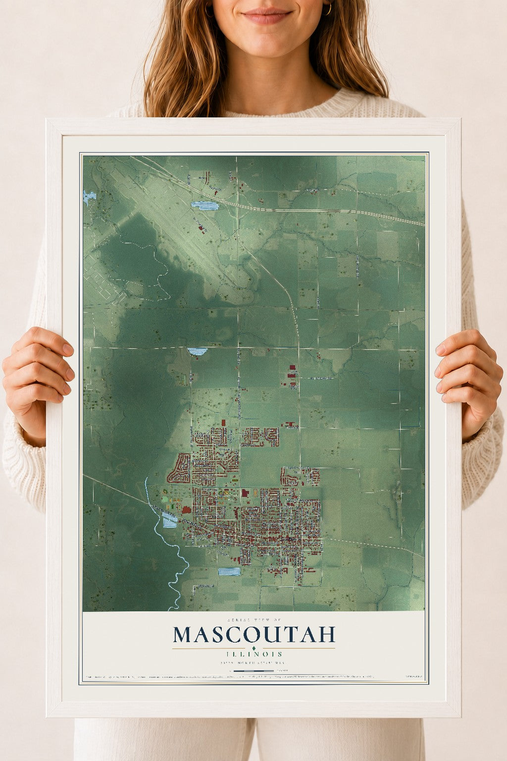 Map of Mascoutah, Illinois, 18 x 24 inch print in a white wood frame