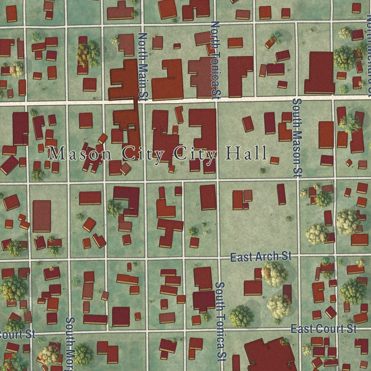 Close-up of the map of Mason City, Illinois print showing street and building detail
