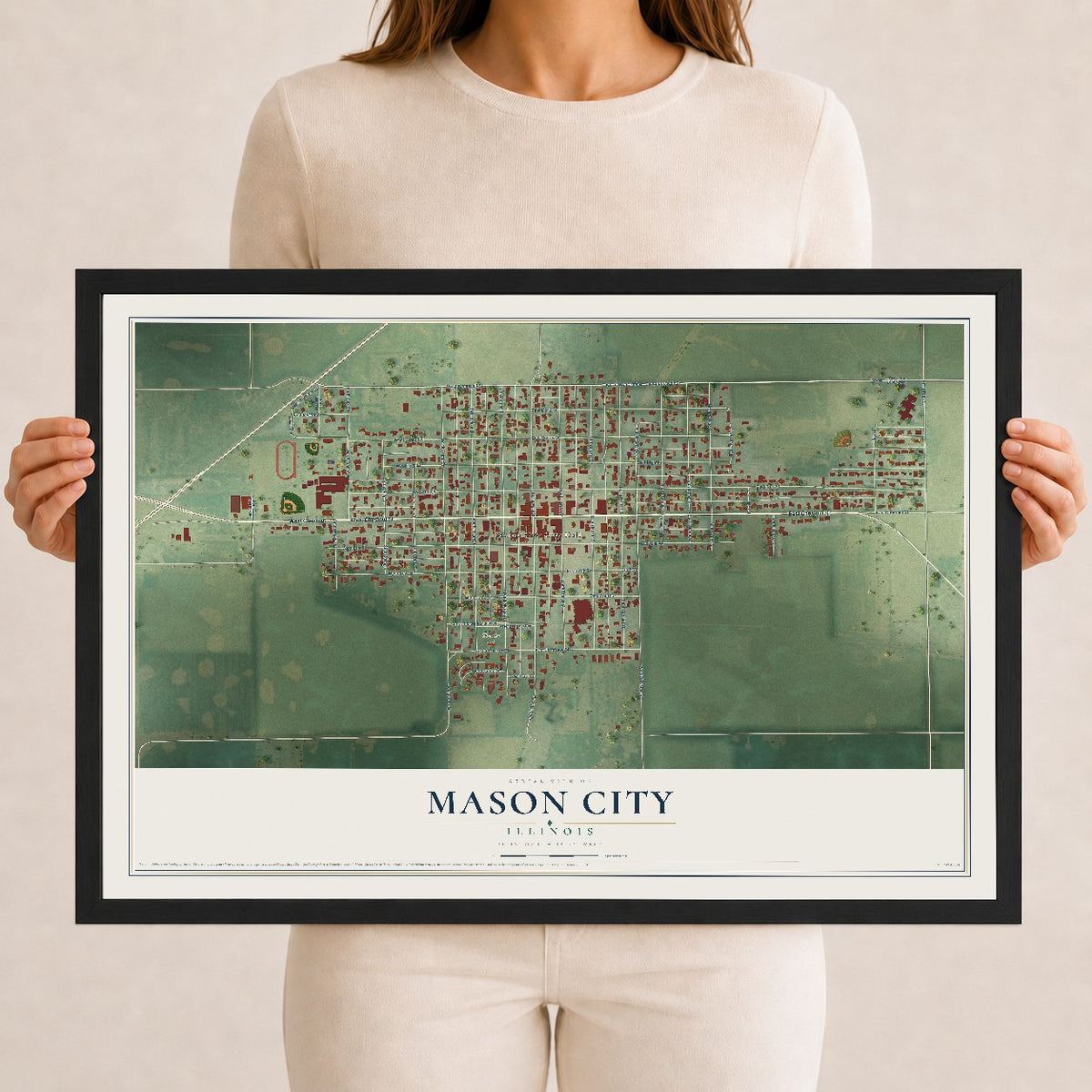 Map of Mason City, Illinois, 12 x 18 inch print in a black wood frame