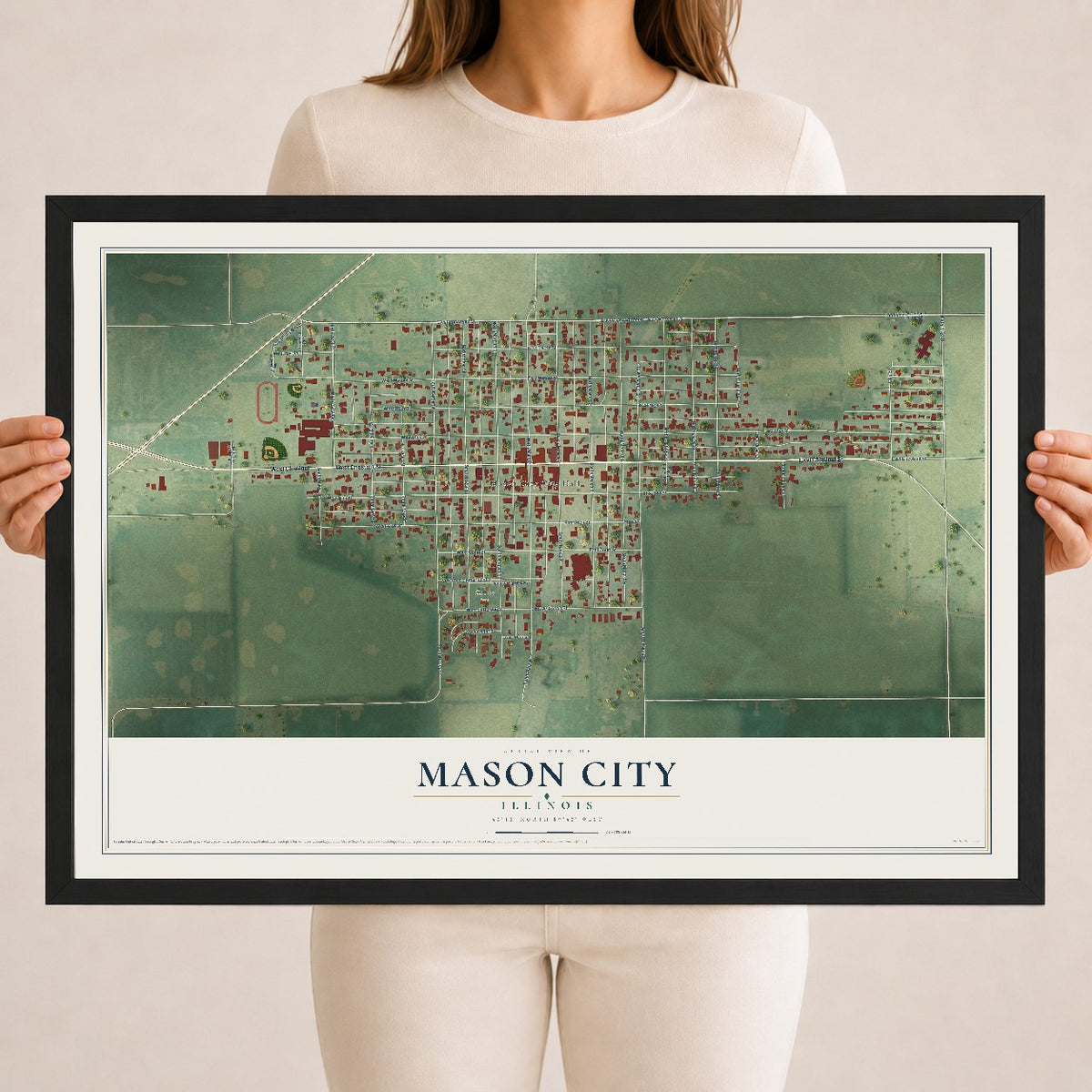 Map of Mason City, Illinois, 18 x 24 inch print in a black wood frame
