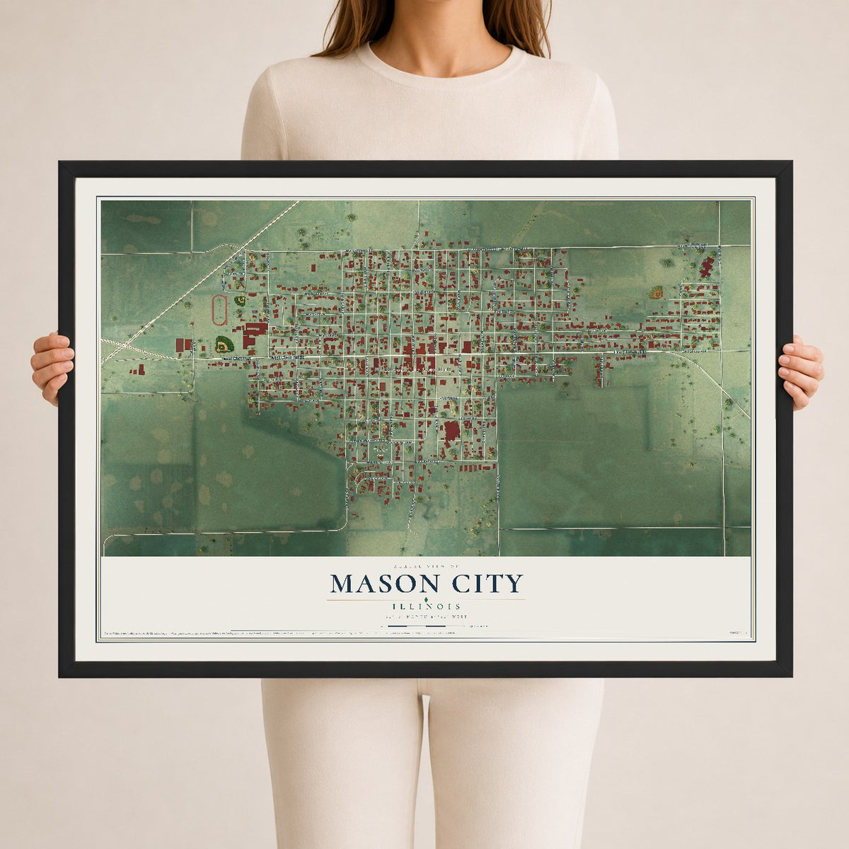 Map of Mason City, Illinois, 24 x 36 inch print in a black wood frame