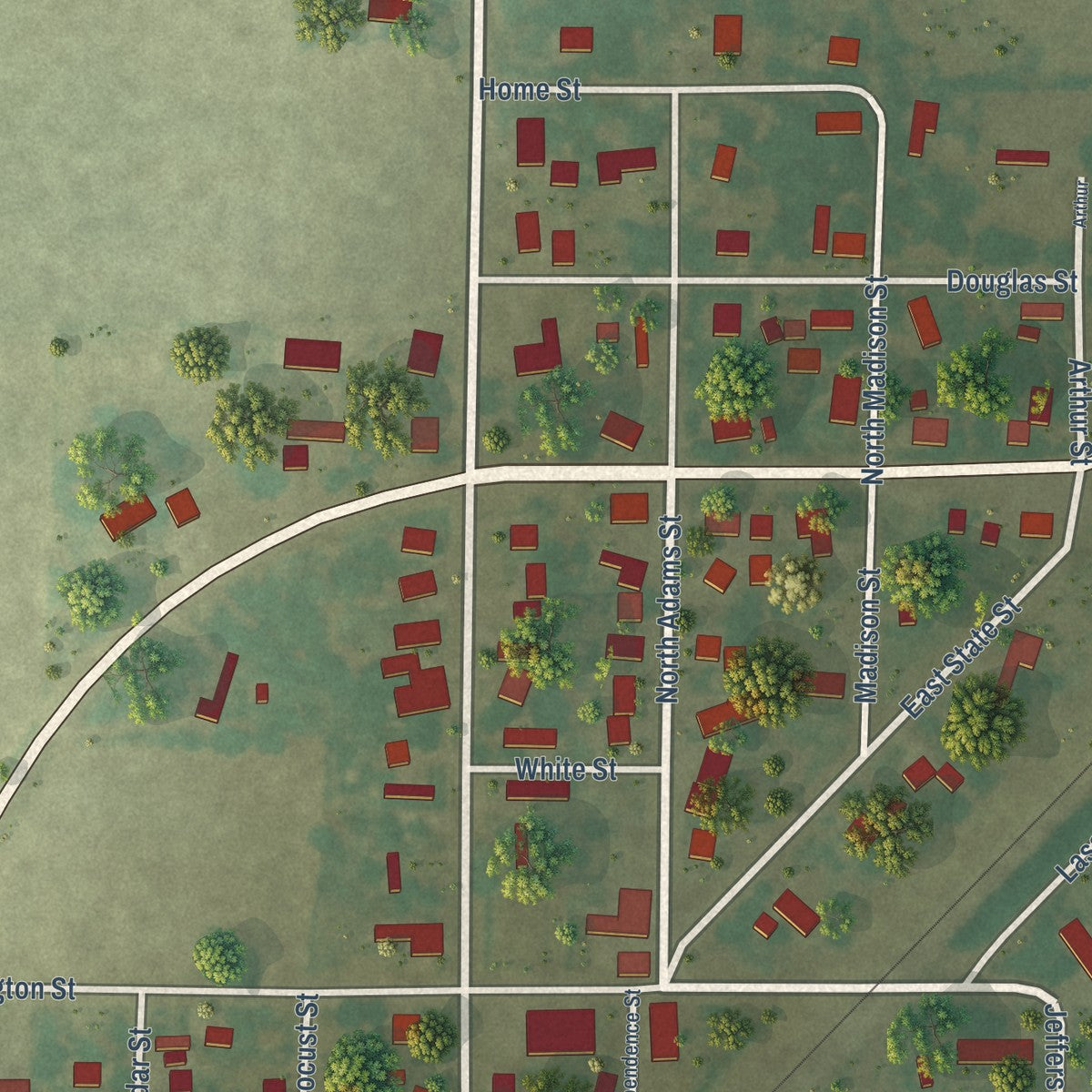 Close-up of the map of Mason, Illinois print showing street and building detail
