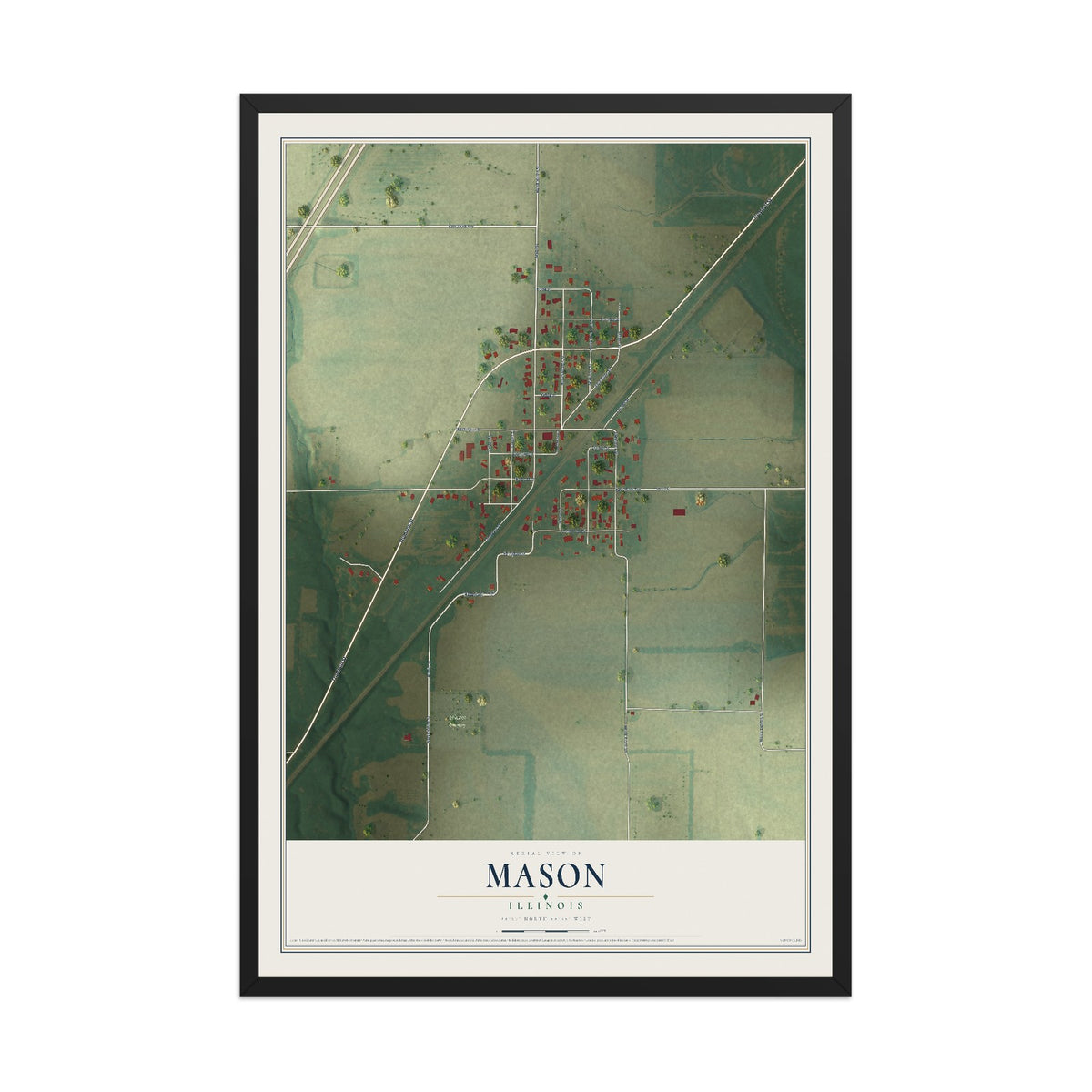 Map of Mason, Illinois, 12 x 18 inch print in a black wood frame