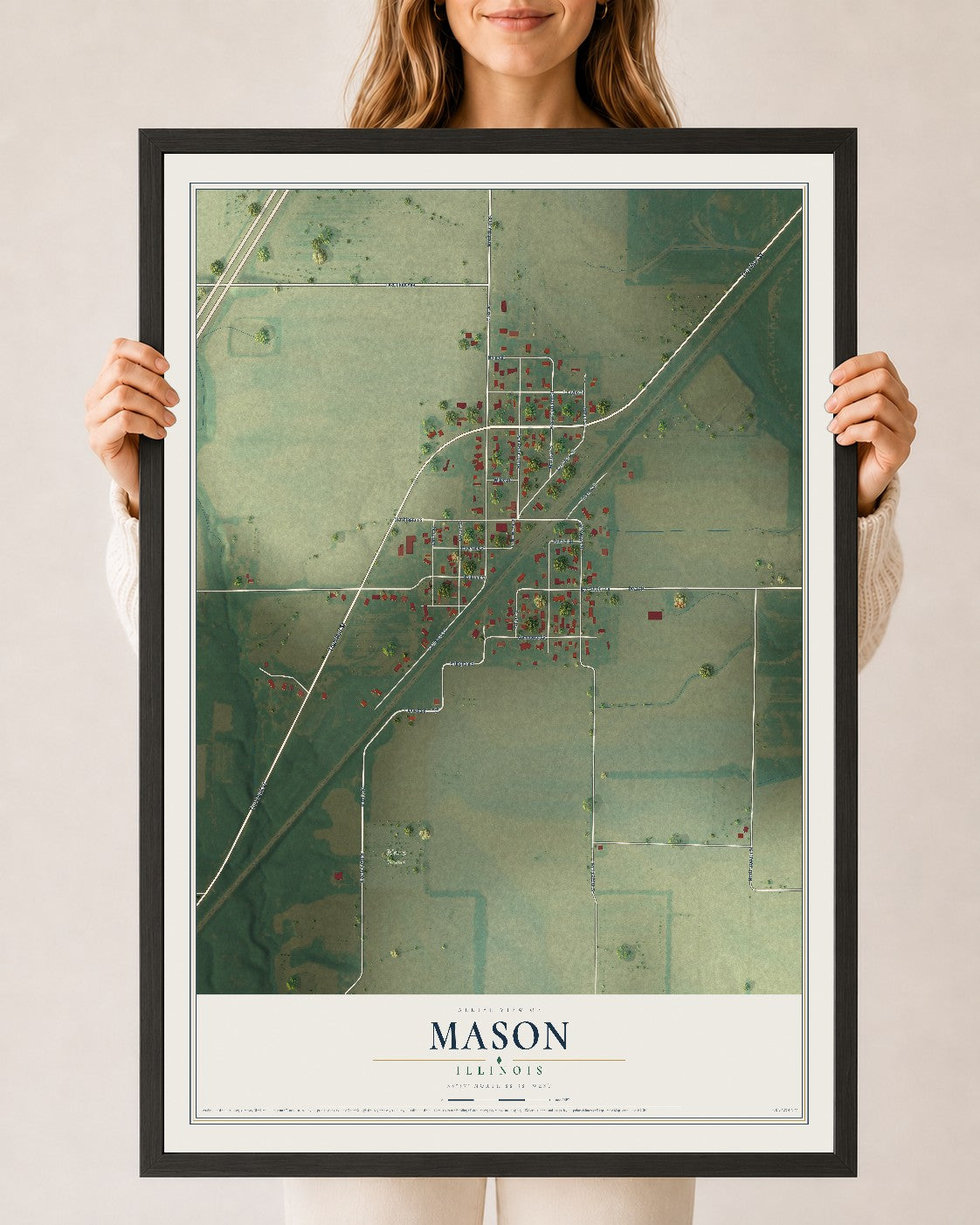 Map of Mason, Illinois, 24 x 36 inch print in a black wood frame