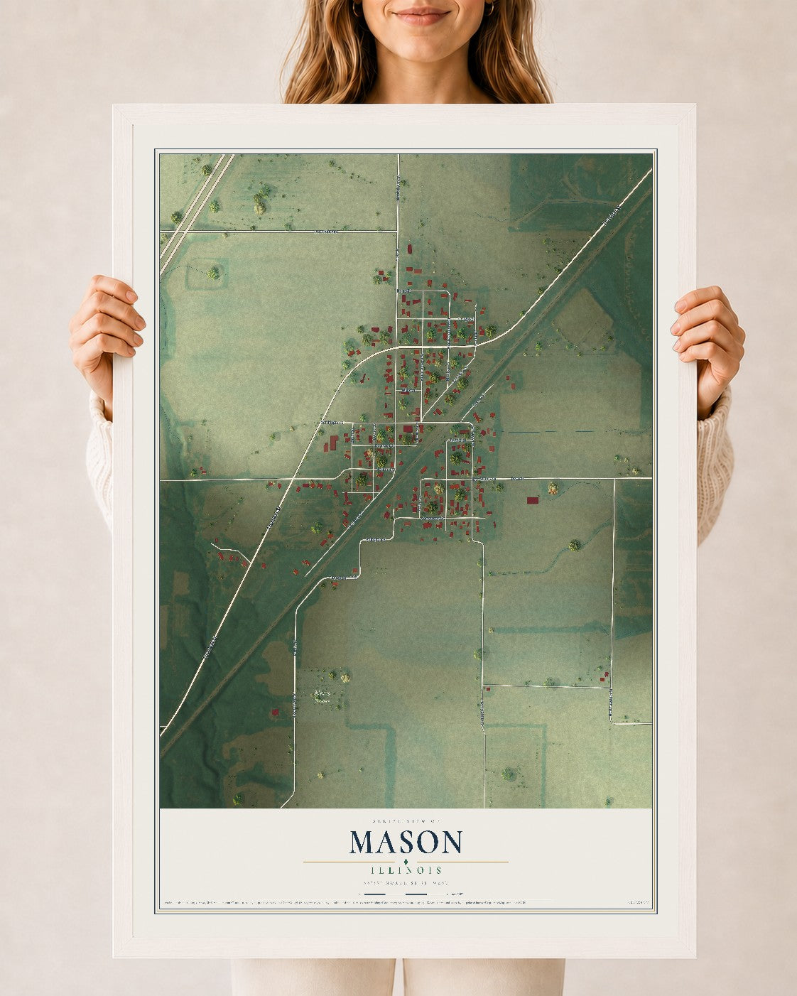 Map of Mason, Illinois, 24 x 36 inch print in a white wood frame