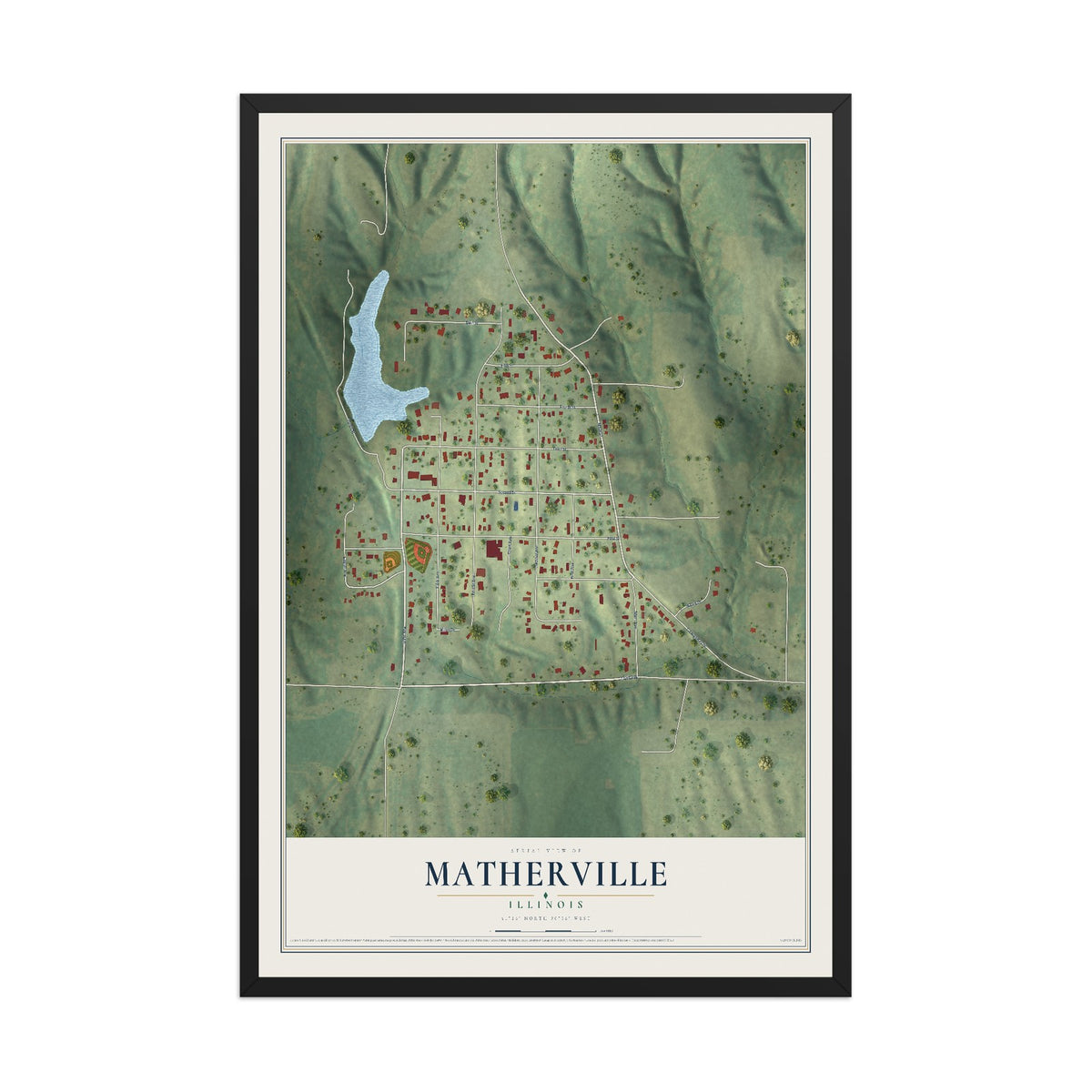 Map of Matherville, Illinois, 12 x 18 inch print in a black wood frame