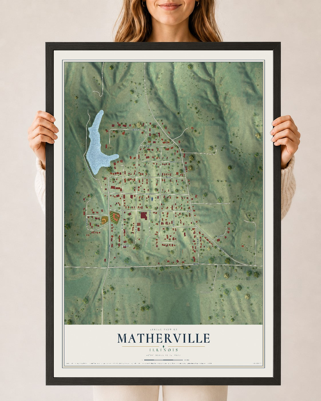 Map of Matherville, Illinois, 24 x 36 inch print in a black wood frame