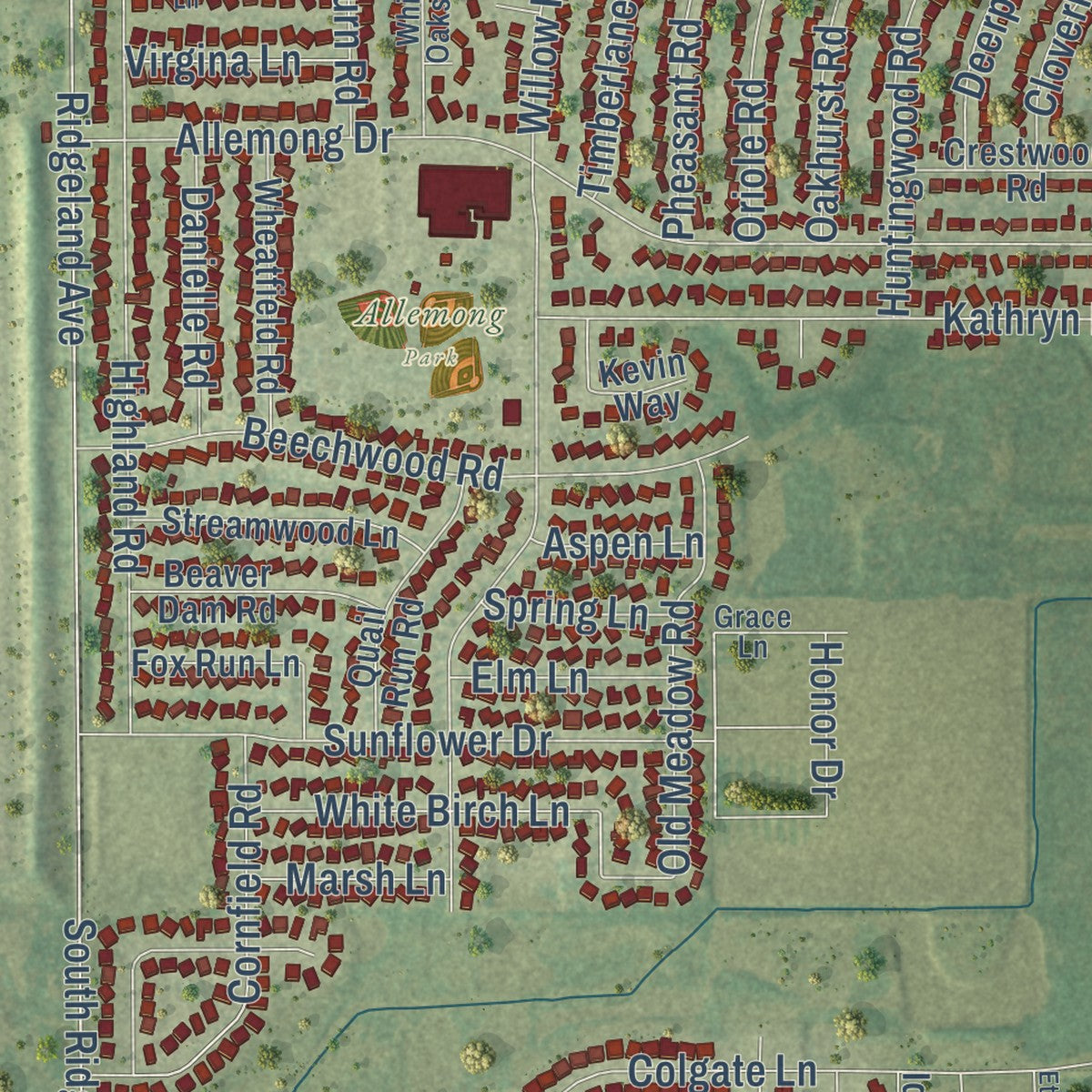 Close-up of the map of Matteson, Illinois print showing street and building detail