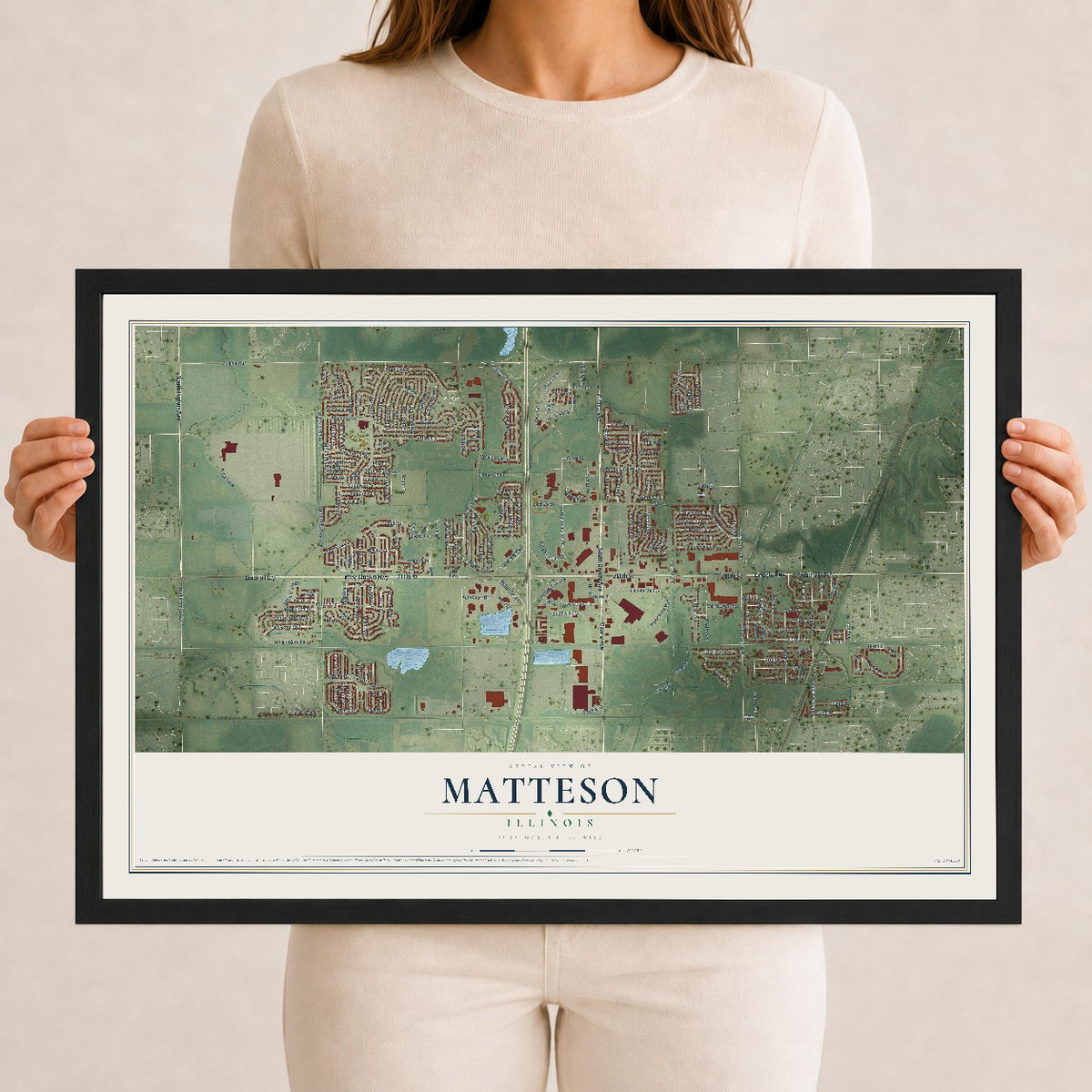 Map of Matteson, Illinois, 12 x 18 inch print in a black wood frame