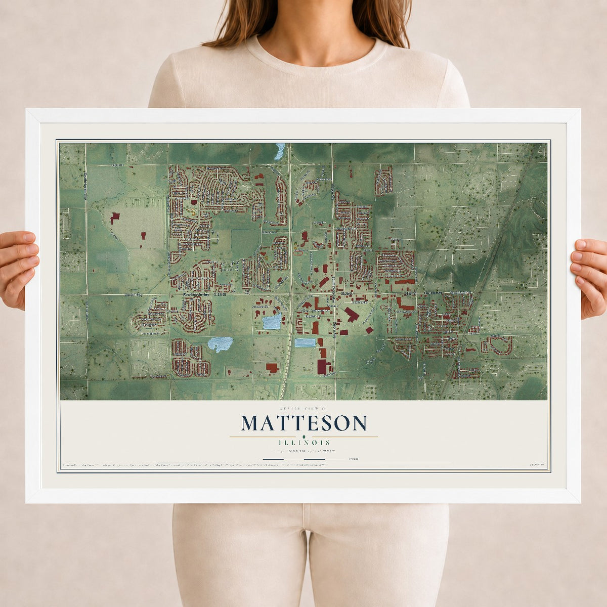 Map of Matteson, Illinois, 18 x 24 inch print in a white wood frame