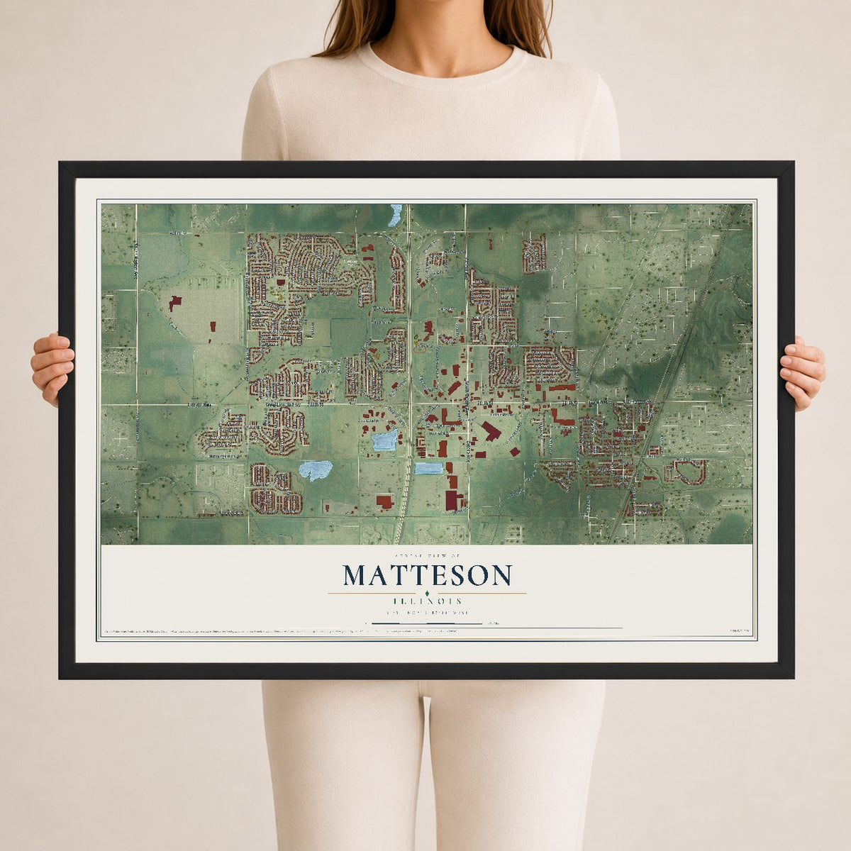 Map of Matteson, Illinois, 24 x 36 inch print in a black wood frame